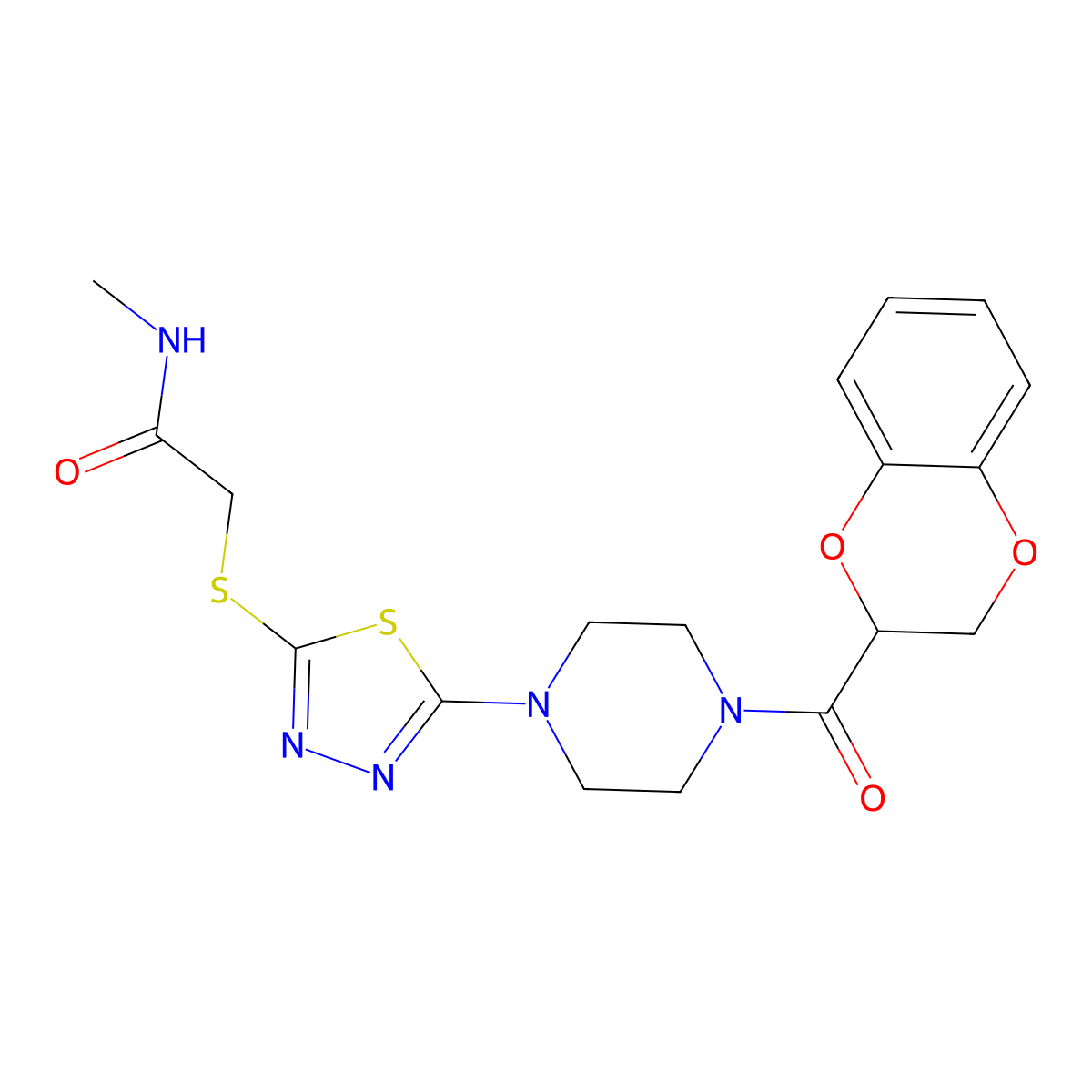 2-((5-(4-(2,3-dihydrobenzo[b][1,4]dioxine-2-carbonyl)piperazin-1-yl)-1,3,4-thiadiazol-2-yl)thio)-N-methylacetamide molecular structure, CAS 1105226-70-7