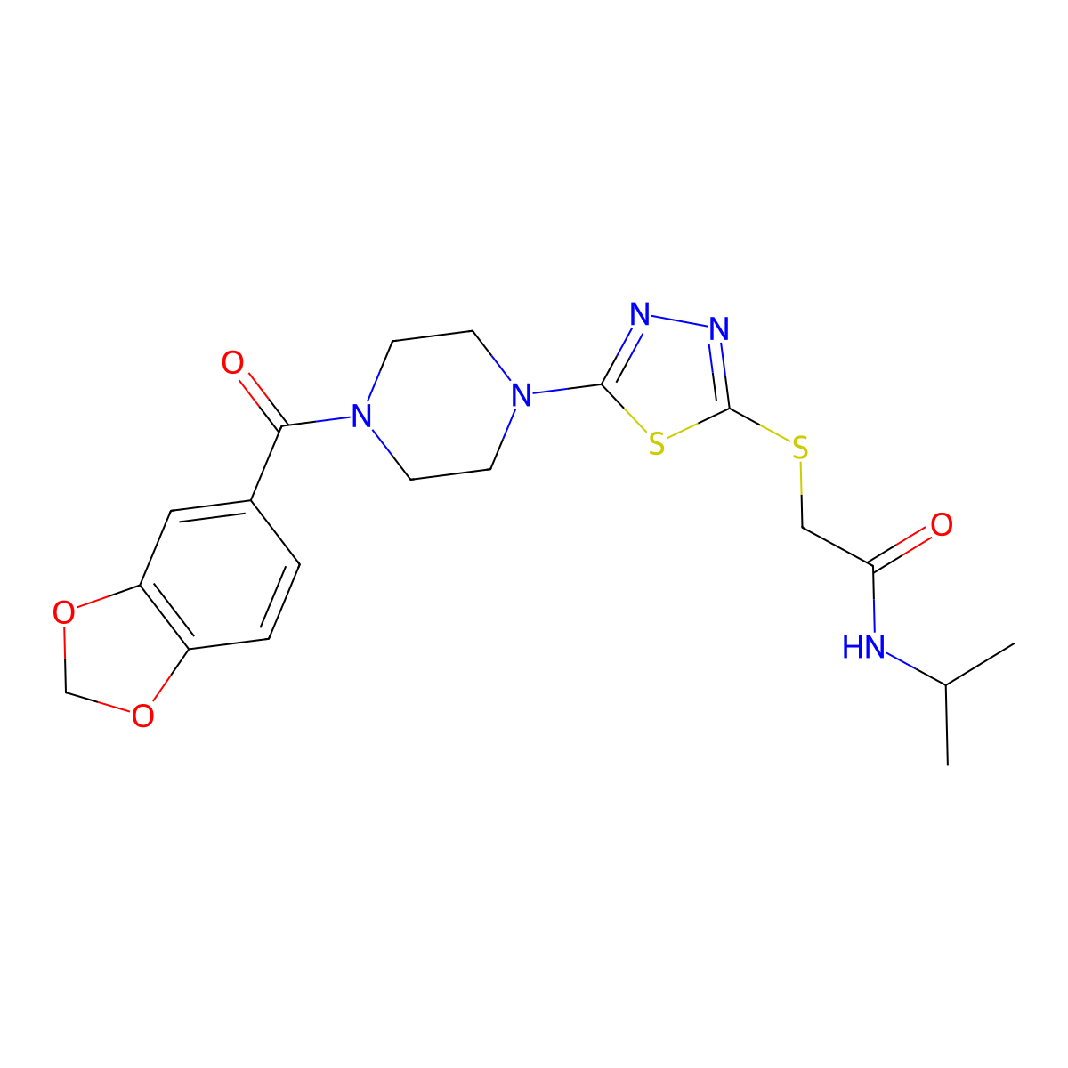 2-((5-(4-(benzo[d][1,3]dioxole-5-carbonyl)piperazin-1-yl)-1,3,4-thiadiazol-2-yl)thio)-N-isopropylacetamide molecular structure, CAS 1105226-76-3