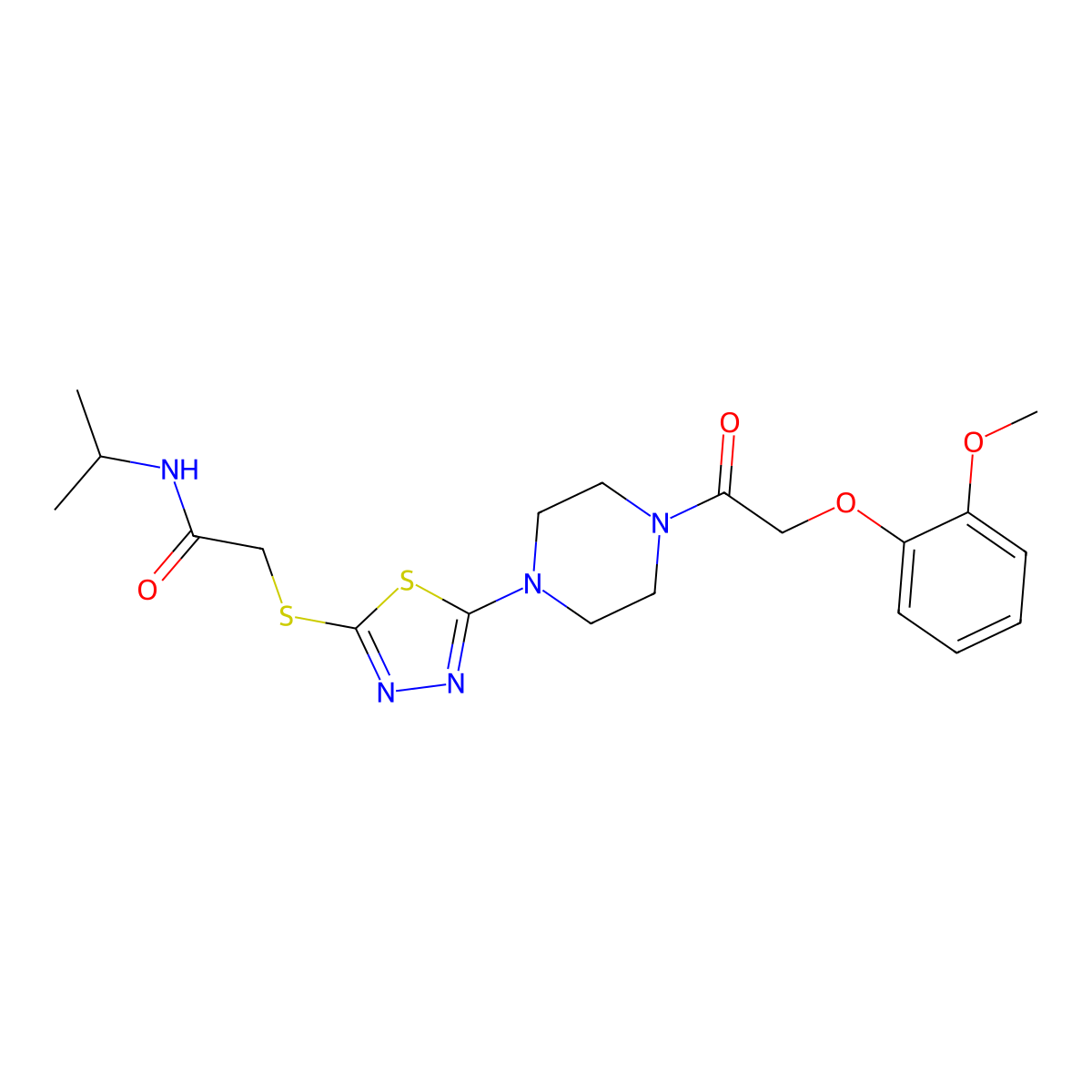 N-isopropyl-2-((5-(4-(2-(2-methoxyphenoxy)acetyl)piperazin-1-yl)-1,3,4-thiadiazol-2-yl)thio)acetamide molecular structure, CAS 1105226-82-1