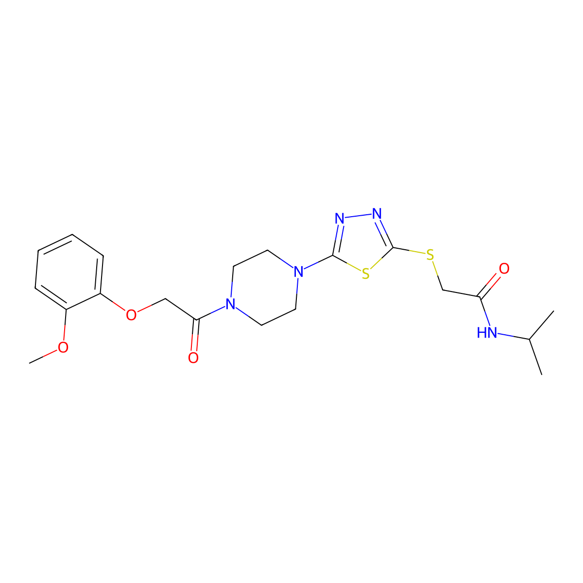 N-isopropyl-2-((5-(4-(2-(2-methoxyphenoxy)acetyl)piperazin-1-yl)-1,3,4-thiadiazol-2-yl)thio)acetamide molecular structure, CAS 1105226-82-1