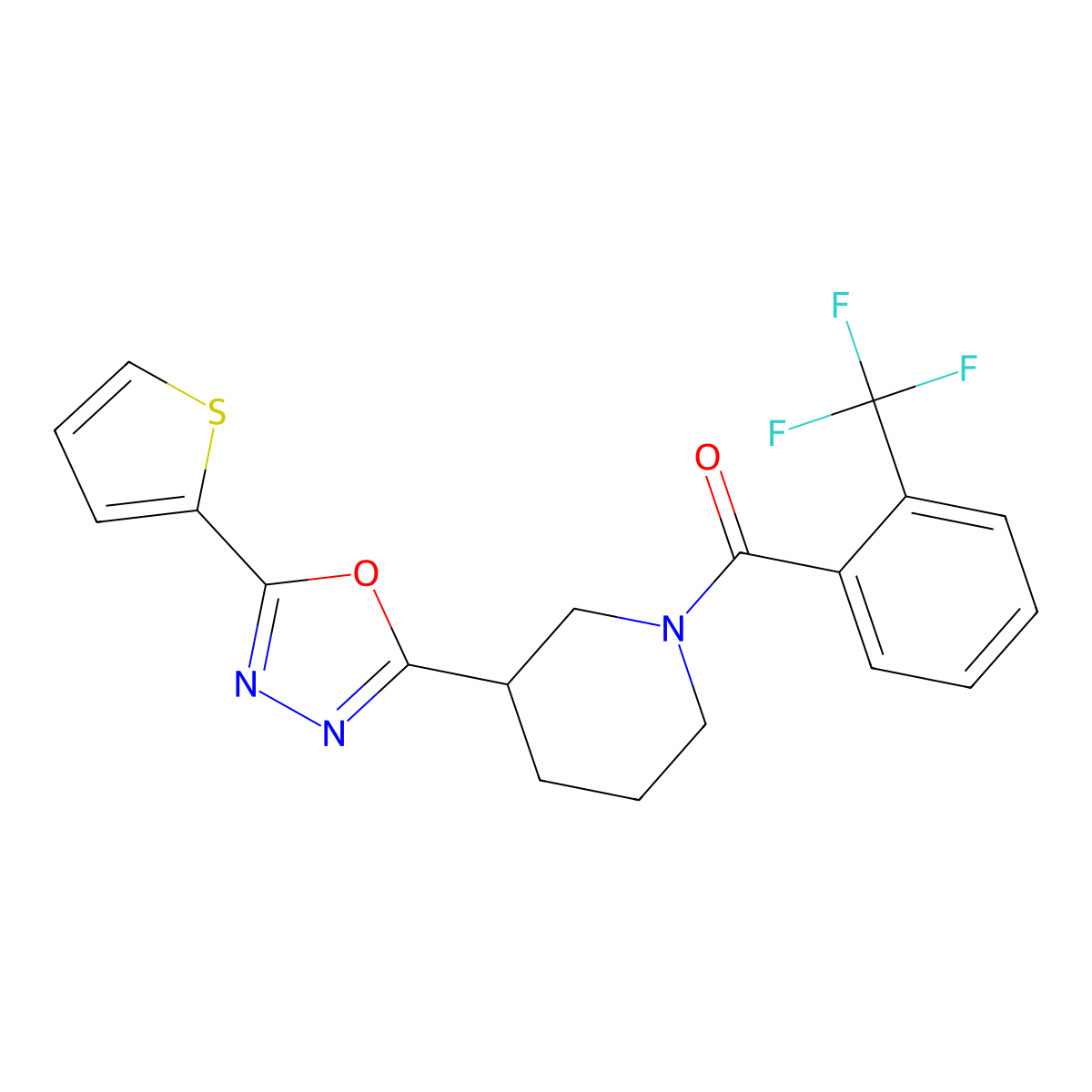 (3-(5-(Thiophen-2-yl)-1,3,4-oxadiazol-2-yl)piperidin-1-yl)(2-(trifluoromethyl)phenyl)methanone molecular structure, CAS 1105226-85-4