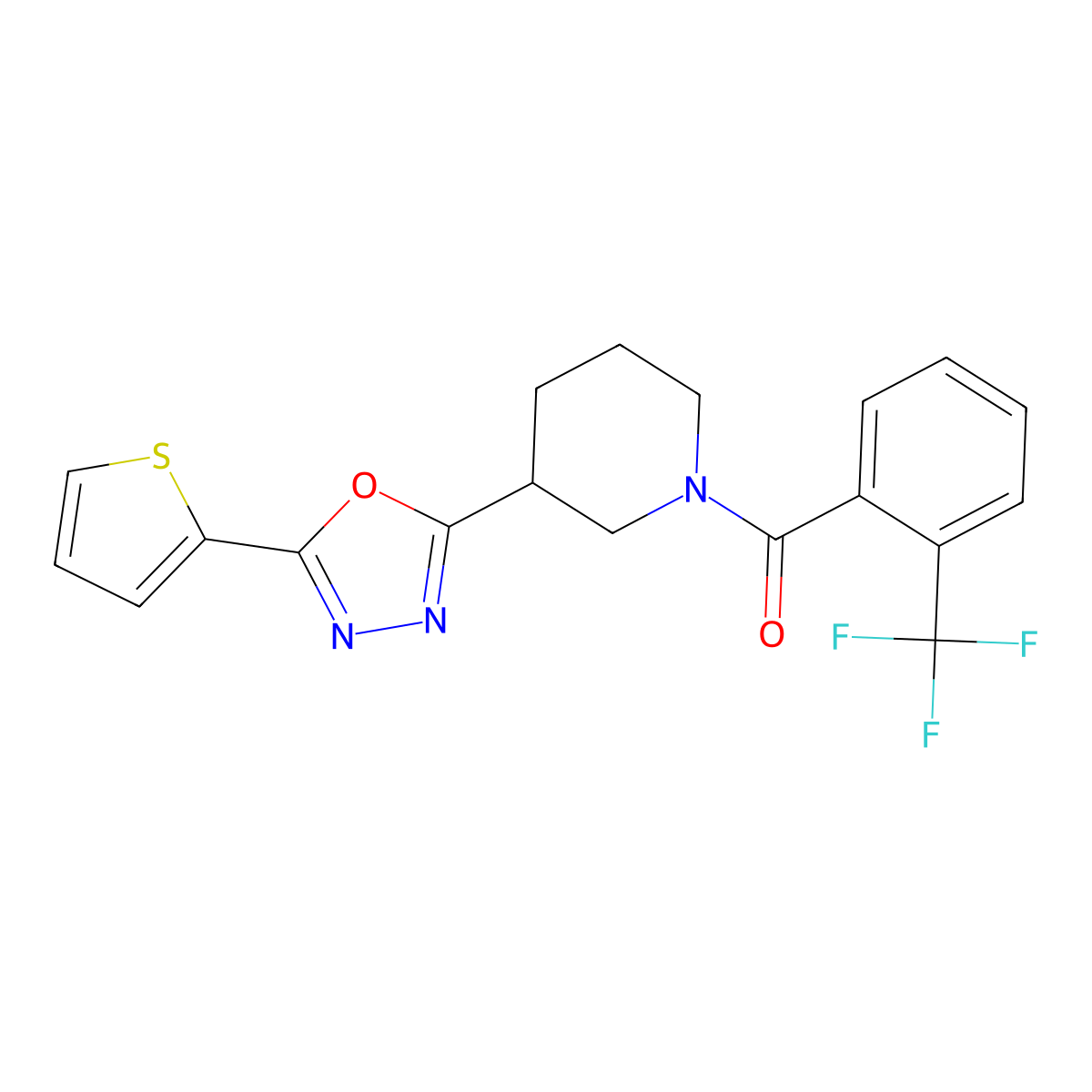 (3-(5-(Thiophen-2-yl)-1,3,4-oxadiazol-2-yl)piperidin-1-yl)(2-(trifluoromethyl)phenyl)methanone molecular structure, CAS 1105226-85-4