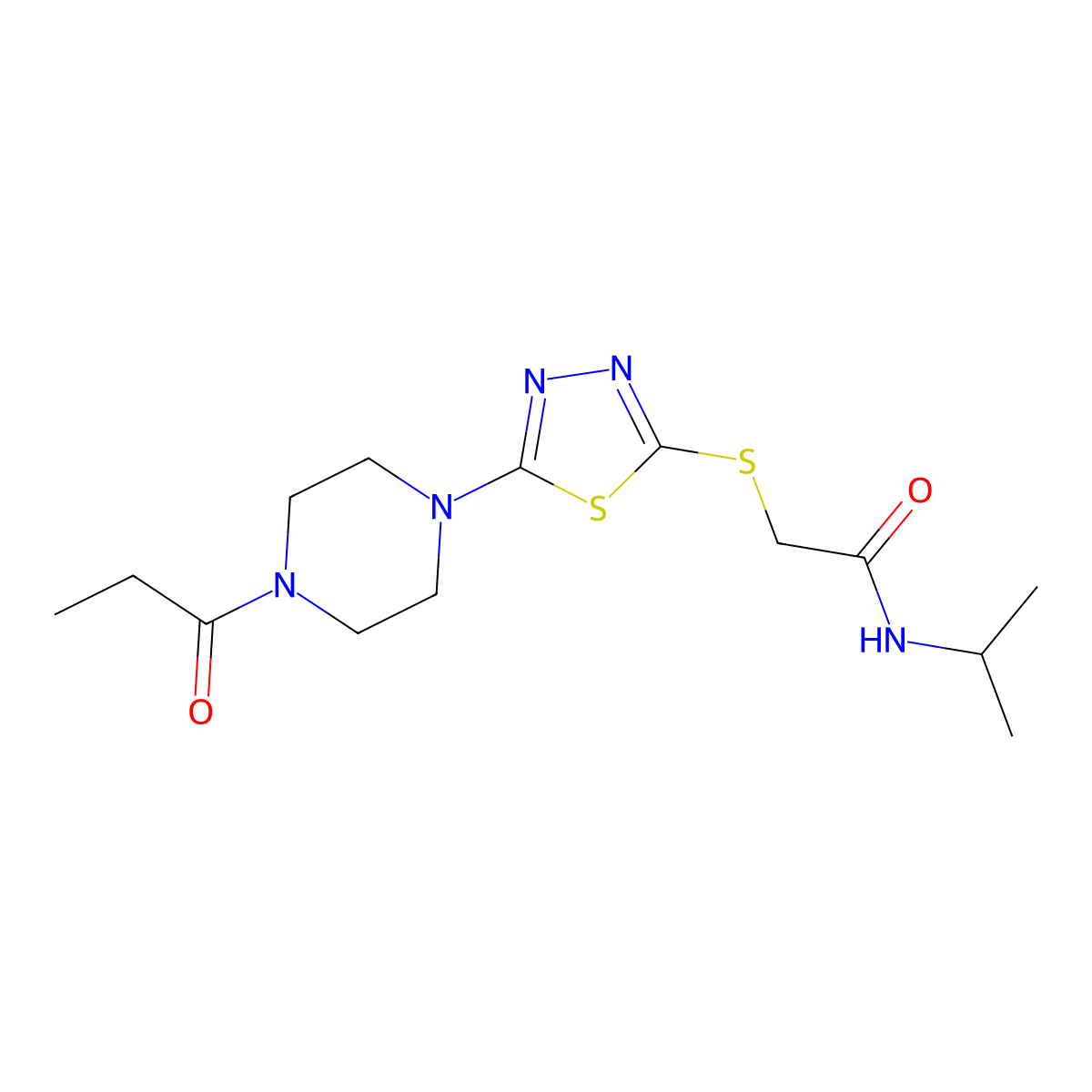 N-isopropyl-2-((5-(4-propionylpiperazin-1-yl)-1,3,4-thiadiazol-2-yl)thio)acetamide molecular structure, CAS 1105226-94-5