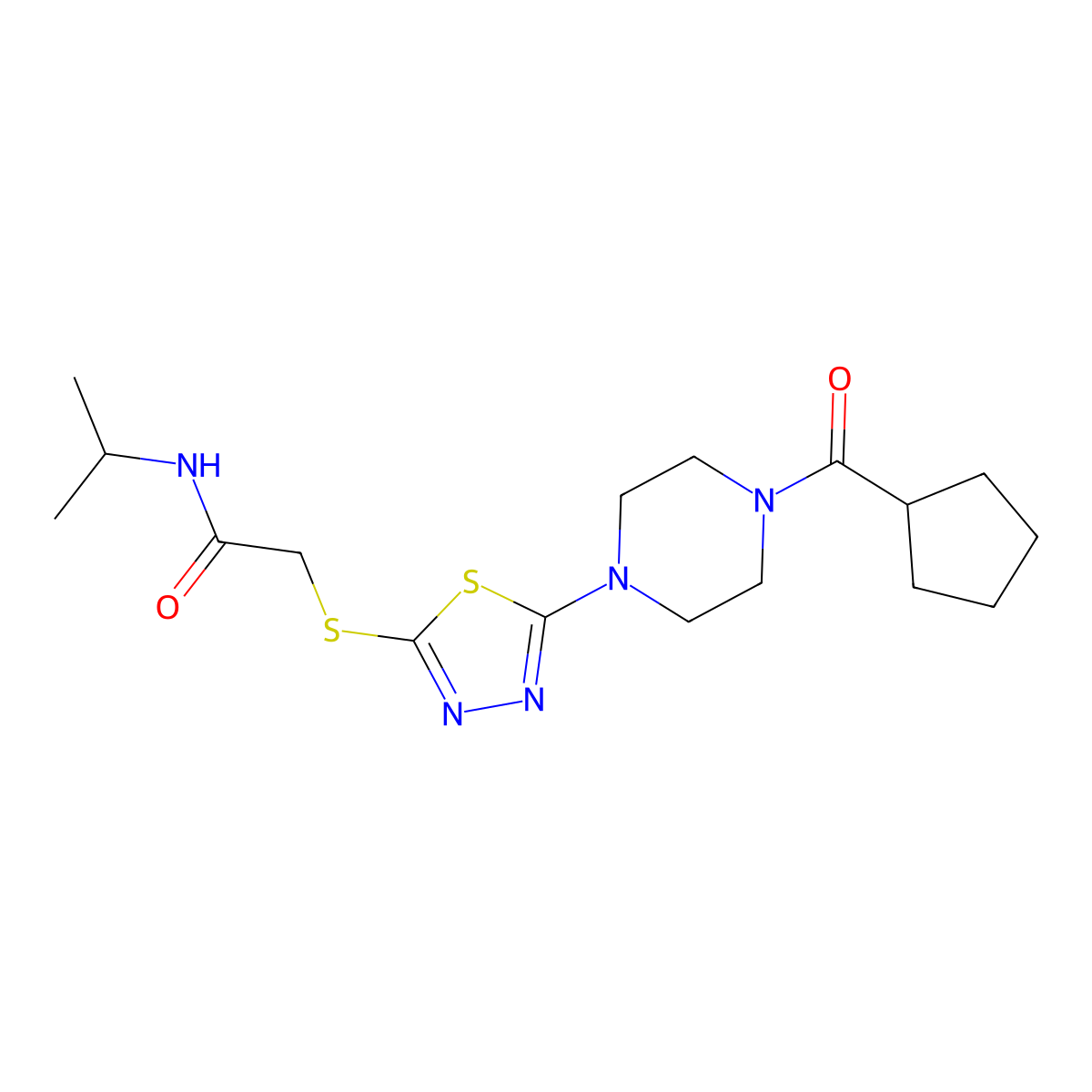 2-((5-(4-(cyclopentanecarbonyl)piperazin-1-yl)-1,3,4-thiadiazol-2-yl)thio)-N-isopropylacetamide molecular structure, CAS 1105227-01-7