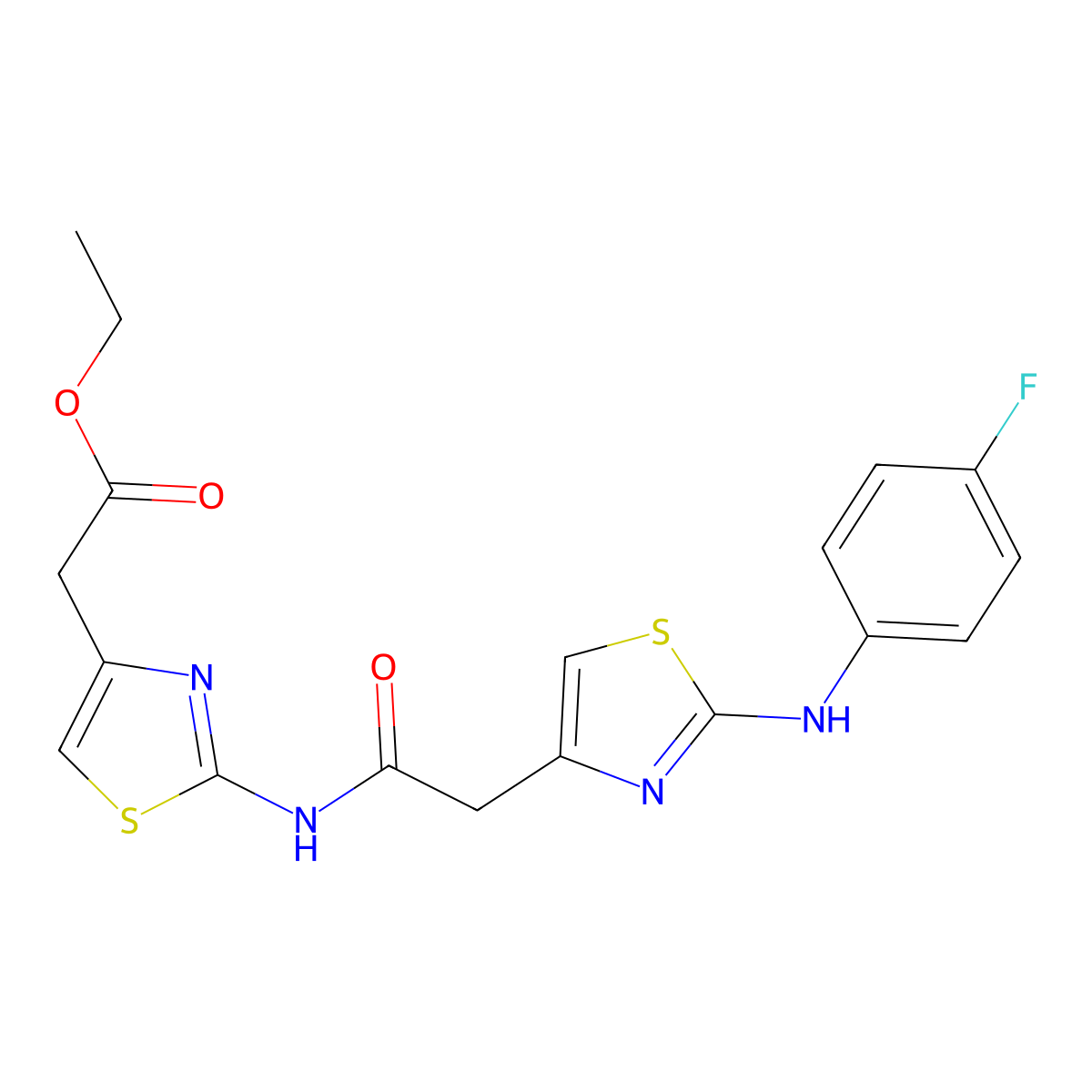 Ethyl 2-(2-(2-(2-((4-fluorophenyl)amino)thiazol-4-yl)acetamido)thiazol-4-yl)acetate molecular structure, CAS 1105227-02-8