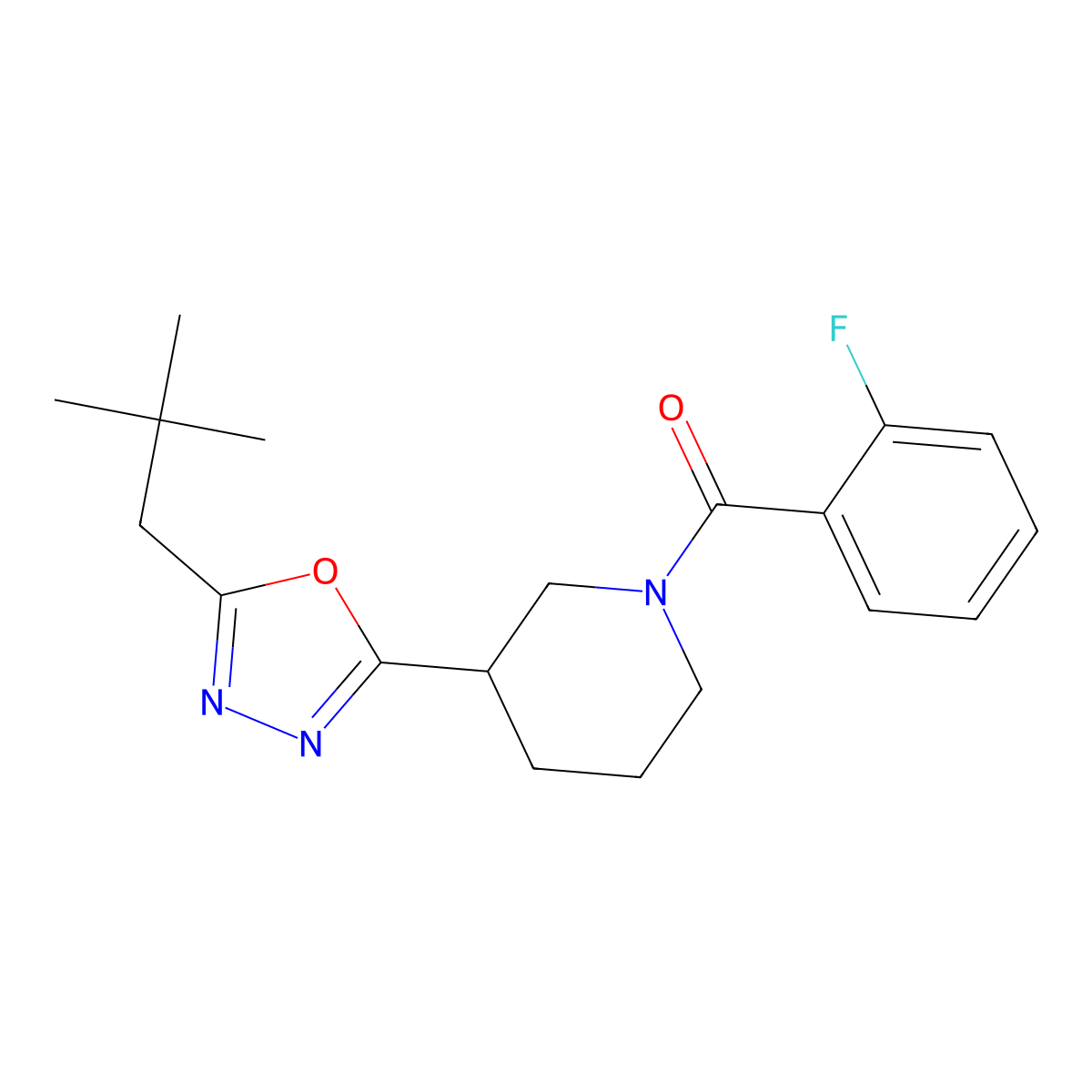(2-Fluorophenyl)(3-(5-neopentyl-1,3,4-oxadiazol-2-yl)piperidin-1-yl)methanone molecular structure, CAS 1105227-05-1