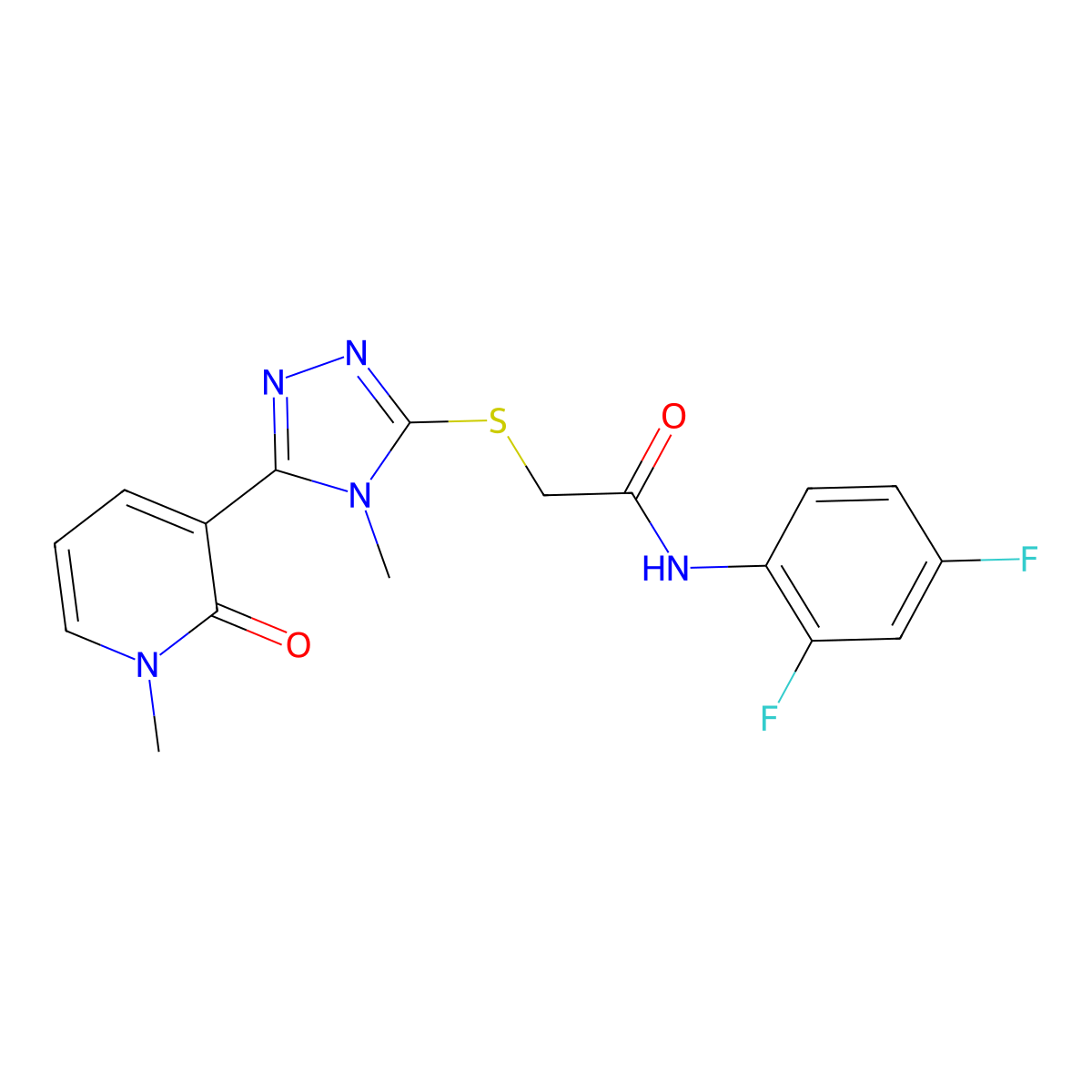 N-(2,4-difluorophenyl)-2-((4-methyl-5-(1-methyl-2-oxo-1,2-dihydropyridin-3-yl)-4H-1,2,4-triazol-3-yl)thio)acetamide molecular structure, CAS 1105227-11-9