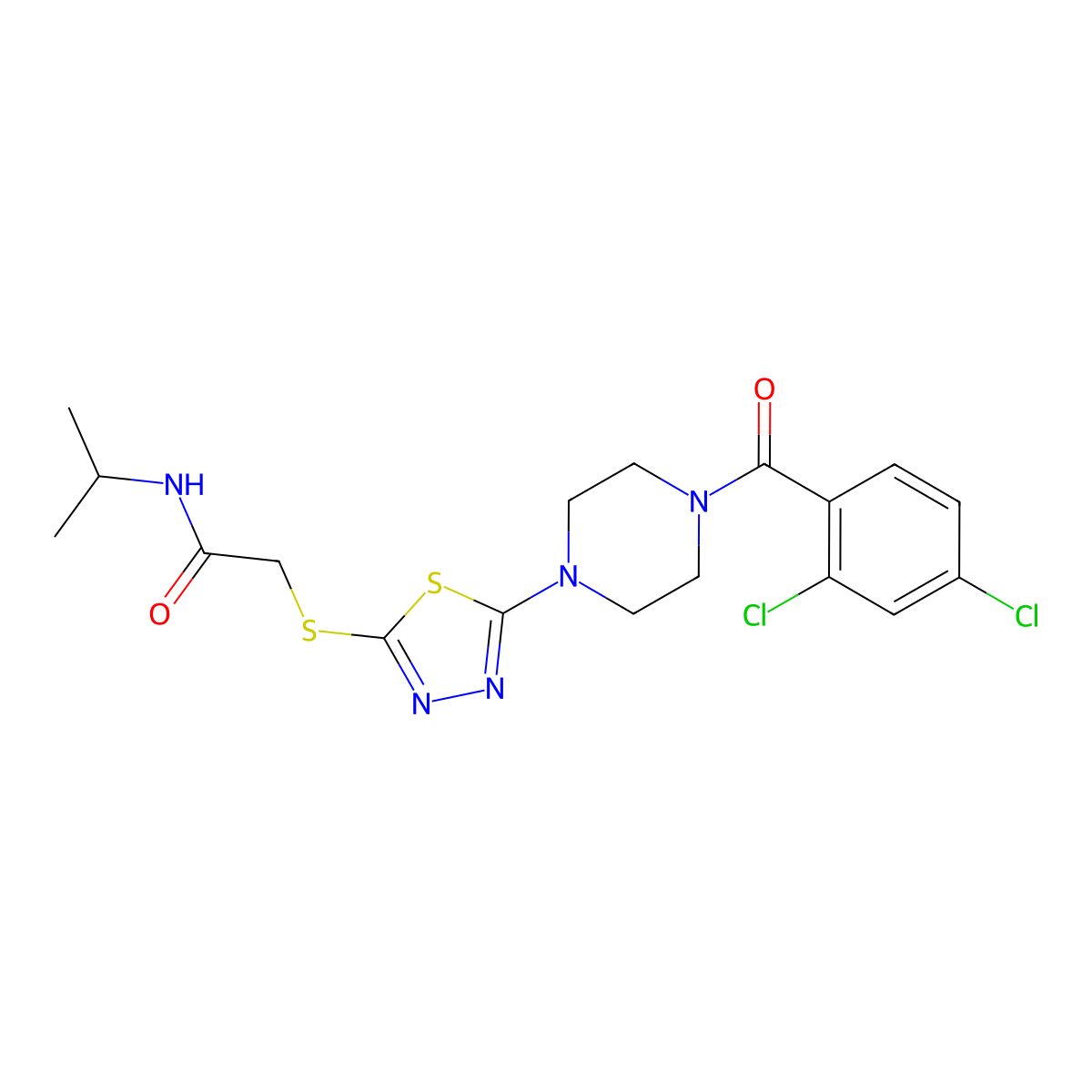 2-((5-(4-(2,4-dichlorobenzoyl)piperazin-1-yl)-1,3,4-thiadiazol-2-yl)thio)-N-isopropylacetamide molecular structure, CAS 1105227-15-3