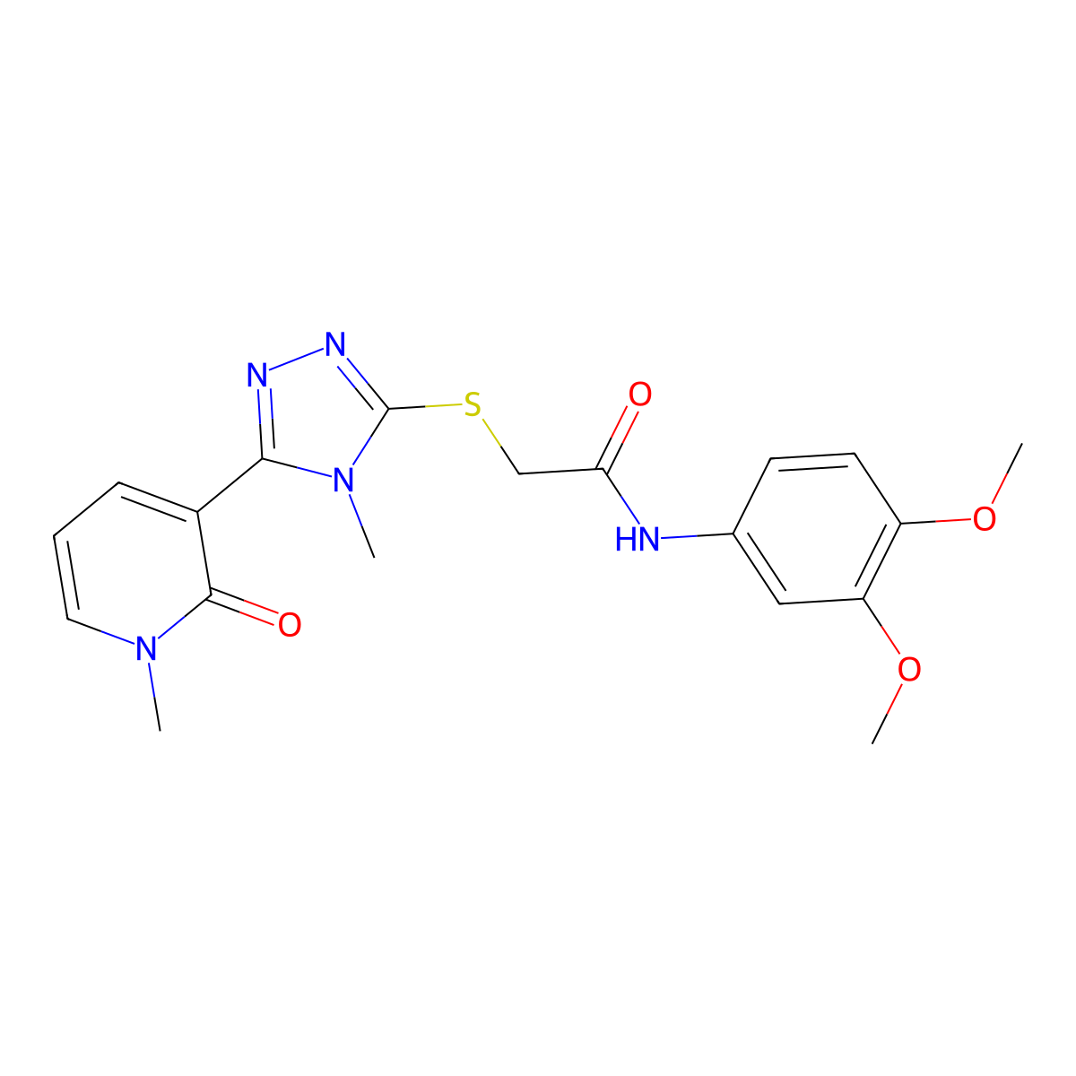 N-(3,4-dimethoxyphenyl)-2-((4-methyl-5-(1-methyl-2-oxo-1,2-dihydropyridin-3-yl)-4H-1,2,4-triazol-3-yl)thio)acetamide molecular structure, CAS 1105227-18-6