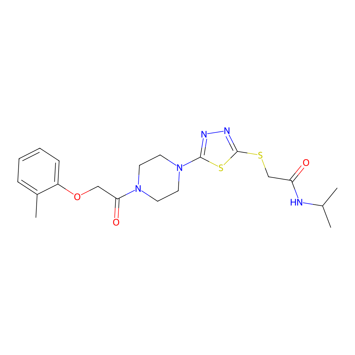 N-isopropyl-2-((5-(4-(2-(o-tolyloxy)acetyl)piperazin-1-yl)-1,3,4-thiadiazol-2-yl)thio)acetamide molecular structure, CAS 1105227-22-2