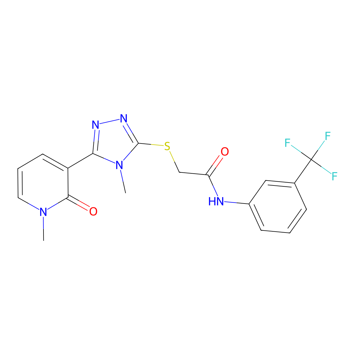2-((4-methyl-5-(1-methyl-2-oxo-1,2-dihydropyridin-3-yl)-4H-1,2,4-triazol-3-yl)thio)-N-(3-(trifluoromethyl)phenyl)acetamide molecular structure, CAS 1105227-25-5