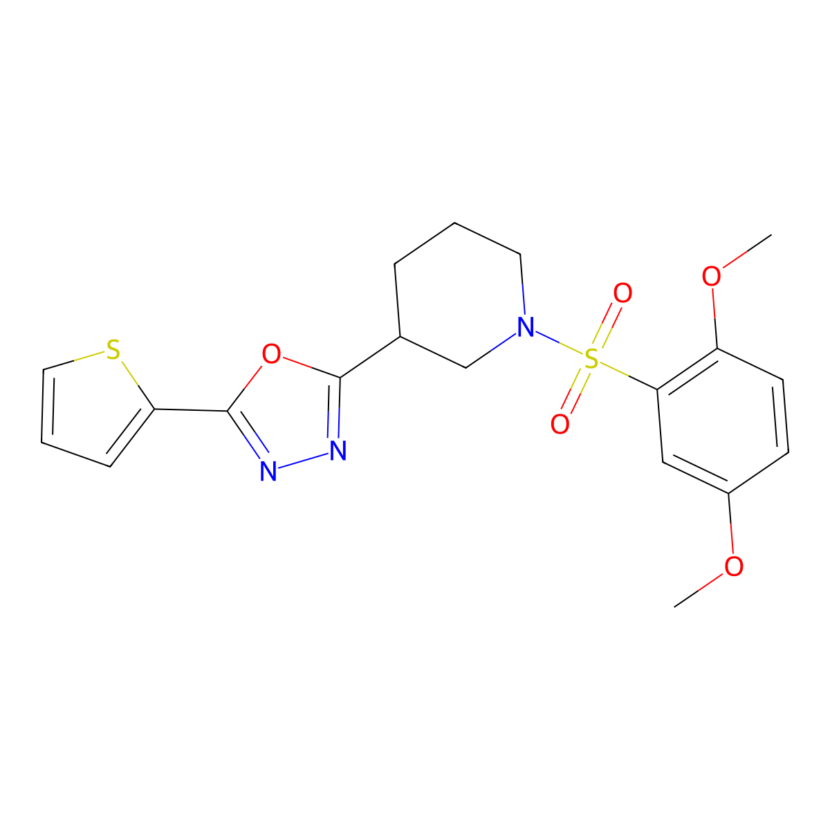 2-(1-((2,5-Dimethoxyphenyl)sulfonyl)piperidin-3-yl)-5-(thiophen-2-yl)-1,3,4-oxadiazole molecular structure, CAS 1105227-26-6