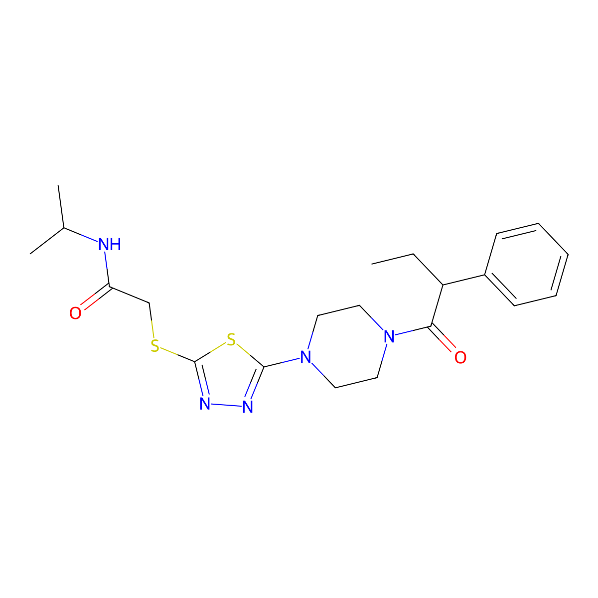 N-isopropyl-2-((5-(4-(2-phenylbutanoyl)piperazin-1-yl)-1,3,4-thiadiazol-2-yl)thio)acetamide molecular structure, CAS 1105227-29-9