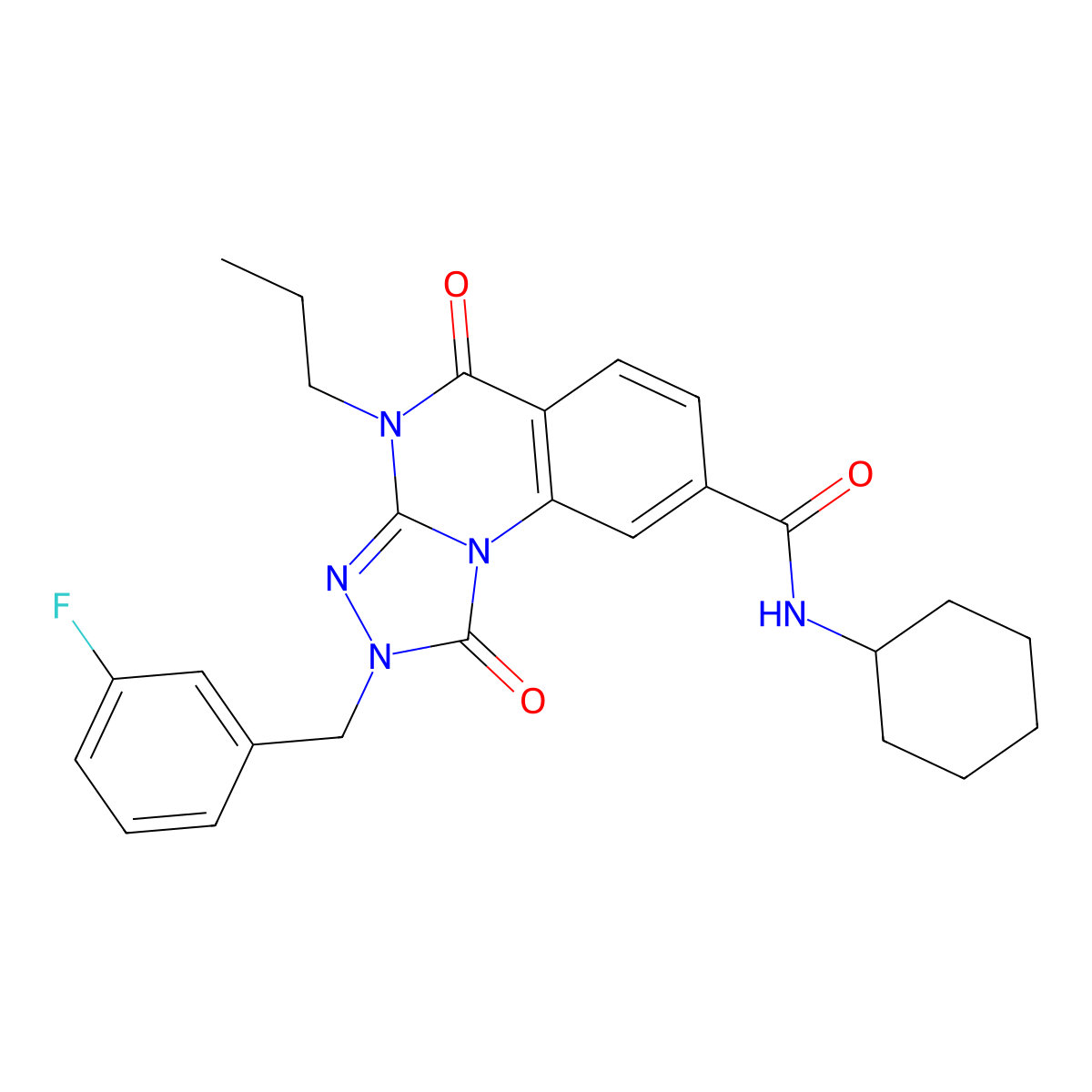 N-cyclohexyl-2-(3-fluorobenzyl)-1,5-dioxo-4-propyl-1,2,4,5-tetrahydro[1,2,4]triazolo[4,3-a]quinazoline-8-carboxamide molecular structure, CAS 1105227-34-6