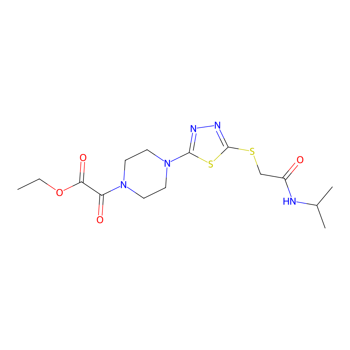 Ethyl 2-(4-(5-((2-(isopropylamino)-2-oxoethyl)thio)-1,3,4-thiadiazol-2-yl)piperazin-1-yl)-2-oxoacetate molecular structure, CAS 1105227-36-8