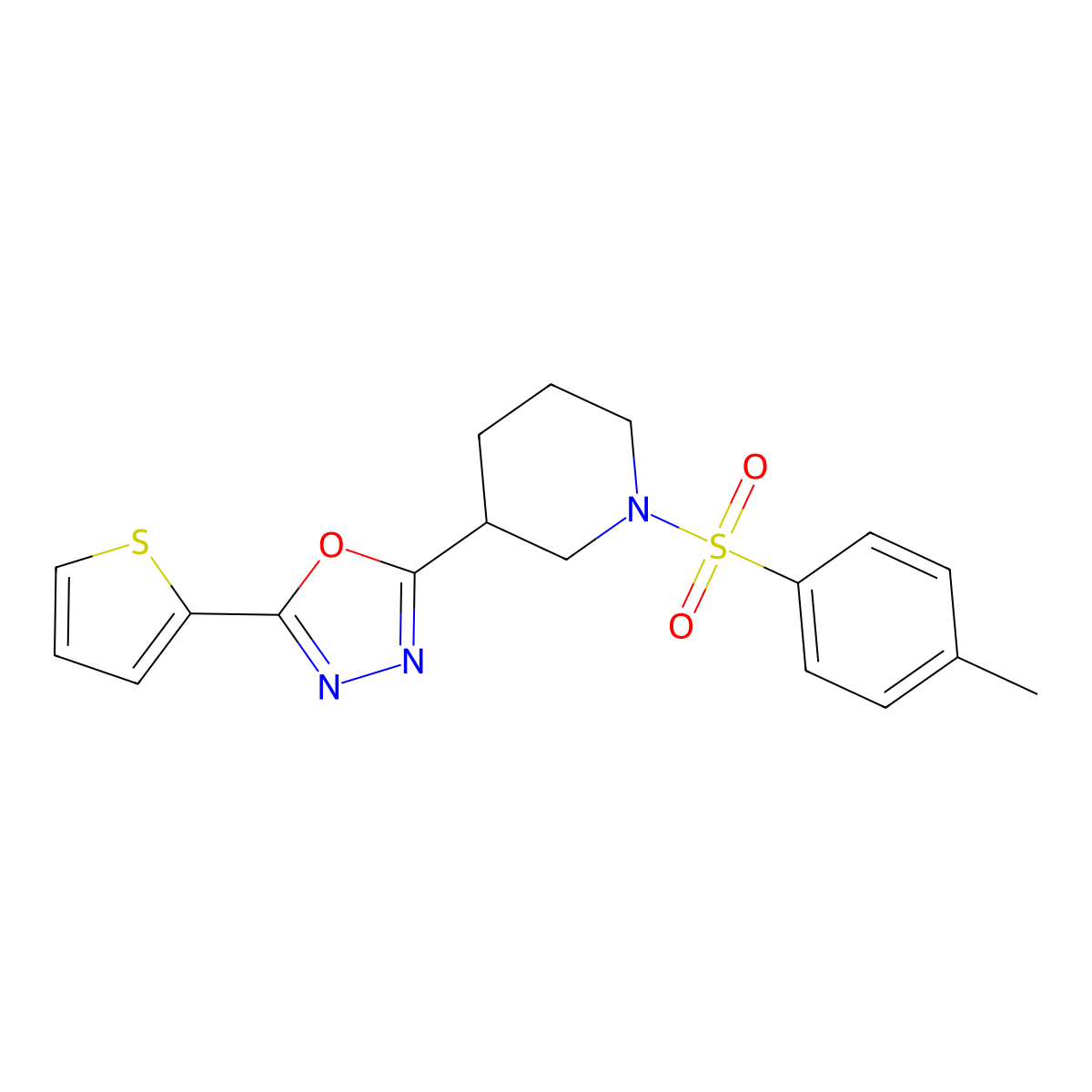 2-(Thiophen-2-yl)-5-(1-tosylpiperidin-3-yl)-1,3,4-oxadiazole molecular structure, CAS 1105227-40-4