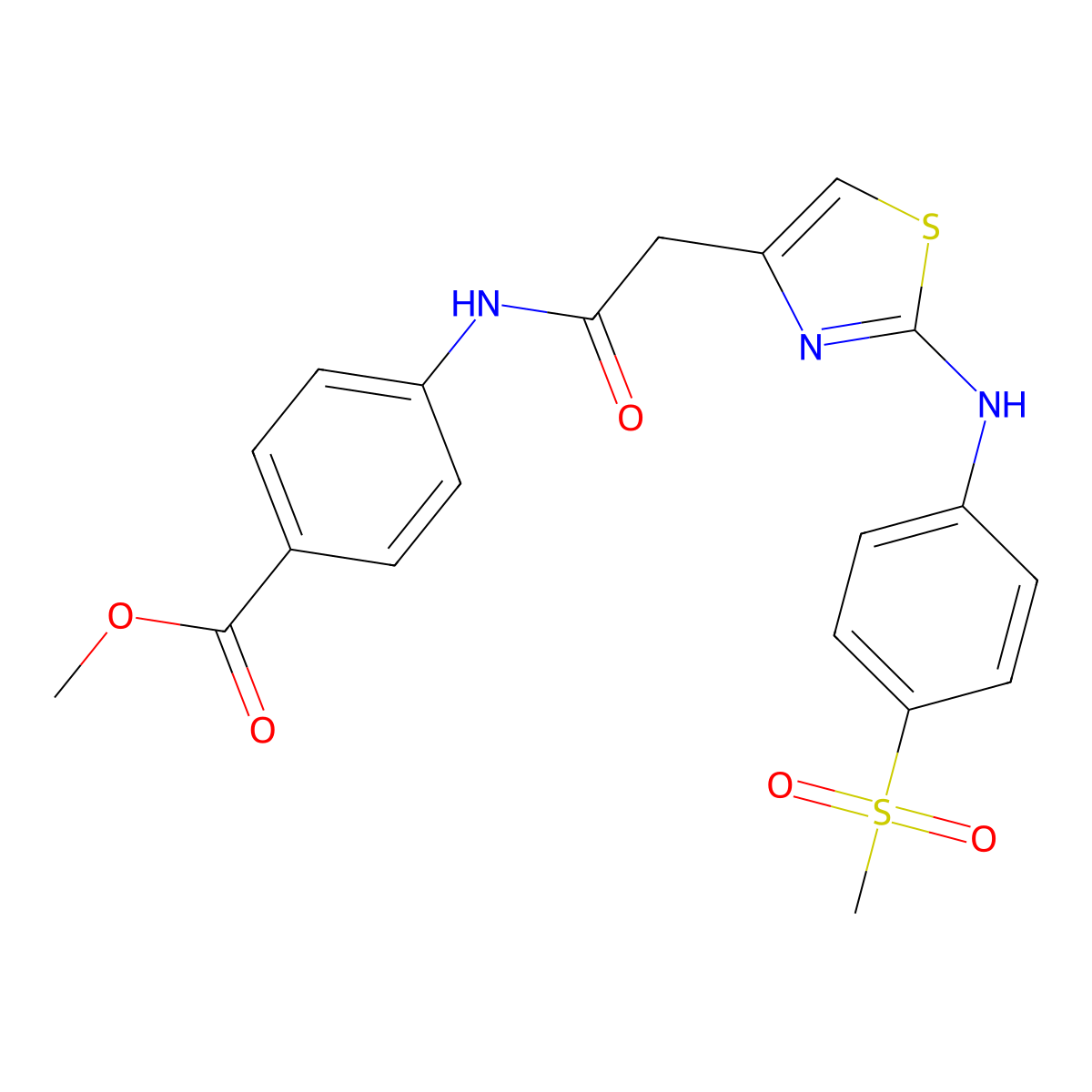 Methyl 4-(2-(2-((4-(methylsulfonyl)phenyl)amino)thiazol-4-yl)acetamido)benzoate molecular structure, CAS 1105227-45-9