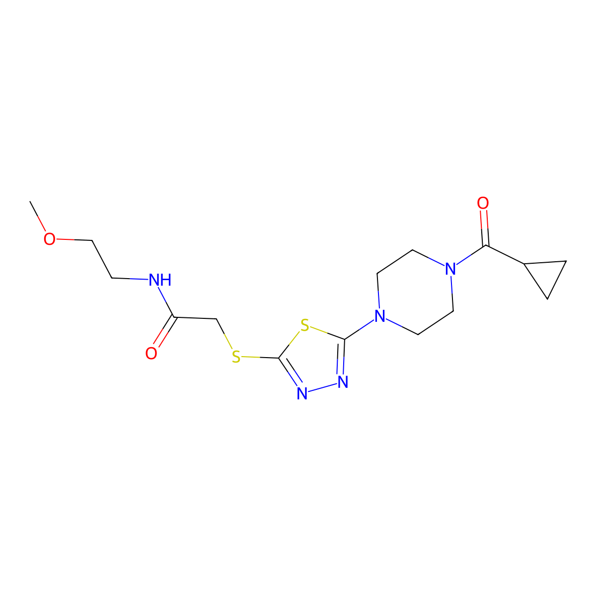 2-{[5-(4-cyclopropanecarbonylpiperazin-1-yl)-1,3,4-thiadiazol-2-yl]sulfanyl}-N-(2-methoxyethyl)acetamide molecular structure, CAS 1105227-52-8
