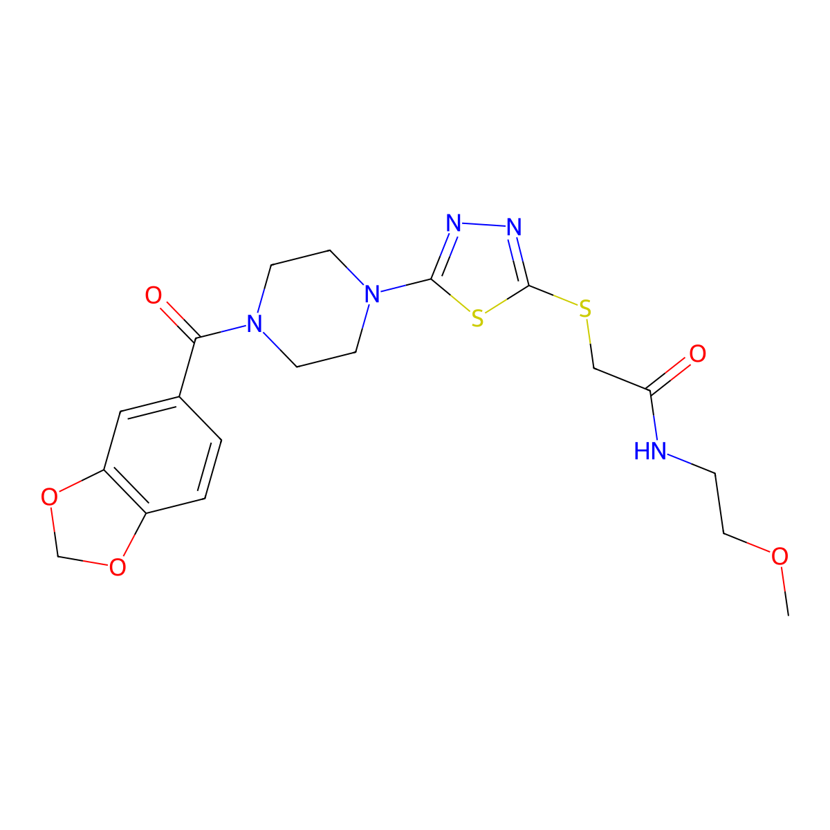 2-((5-(4-(benzo[d][1,3]dioxole-5-carbonyl)piperazin-1-yl)-1,3,4-thiadiazol-2-yl)thio)-N-(2-methoxyethyl)acetamide molecular structure, CAS 1105227-60-8