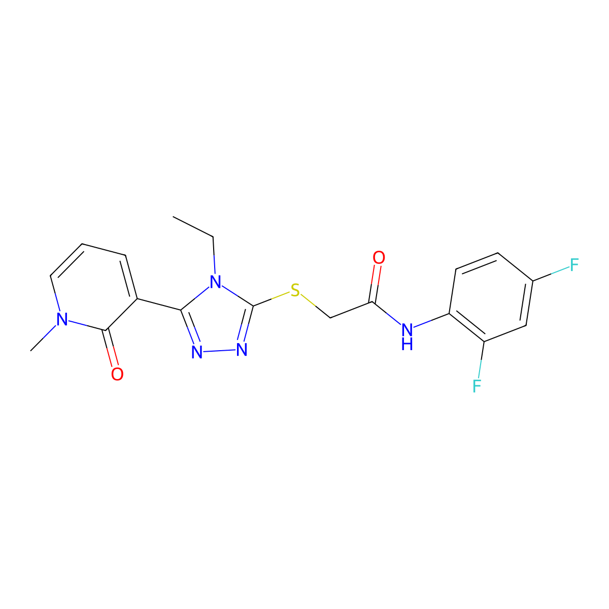 N-(2,4-difluorophenyl)-2-((4-ethyl-5-(1-methyl-2-oxo-1,2-dihydropyridin-3-yl)-4H-1,2,4-triazol-3-yl)thio)acetamide molecular structure, CAS 1105227-63-1