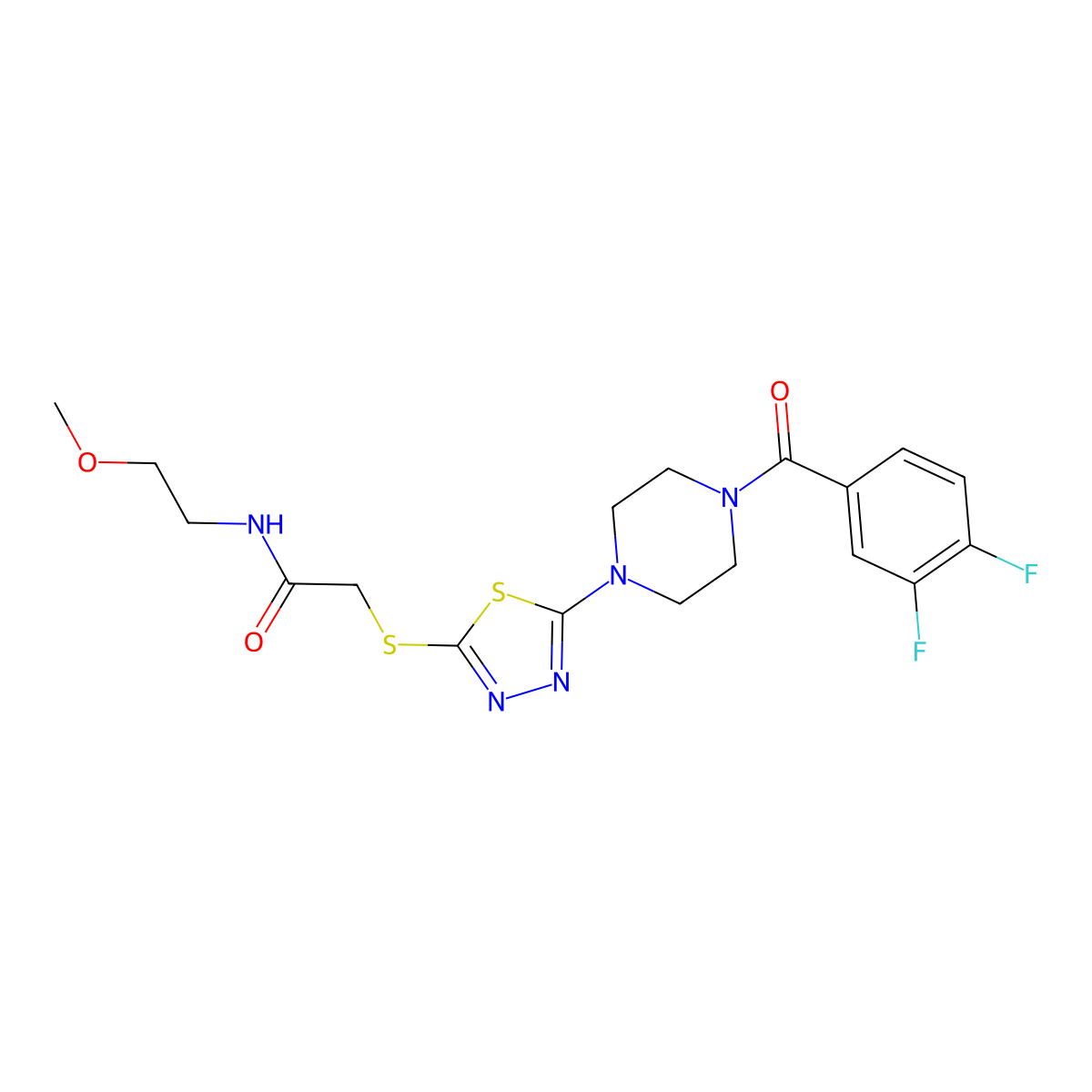 2-((5-(4-(3,4-difluorobenzoyl)piperazin-1-yl)-1,3,4-thiadiazol-2-yl)thio)-N-(2-methoxyethyl)acetamide molecular structure, CAS 1105227-68-6