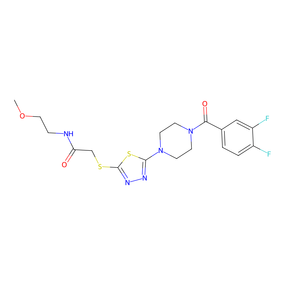2-((5-(4-(3,4-difluorobenzoyl)piperazin-1-yl)-1,3,4-thiadiazol-2-yl)thio)-N-(2-methoxyethyl)acetamide molecular structure, CAS 1105227-68-6