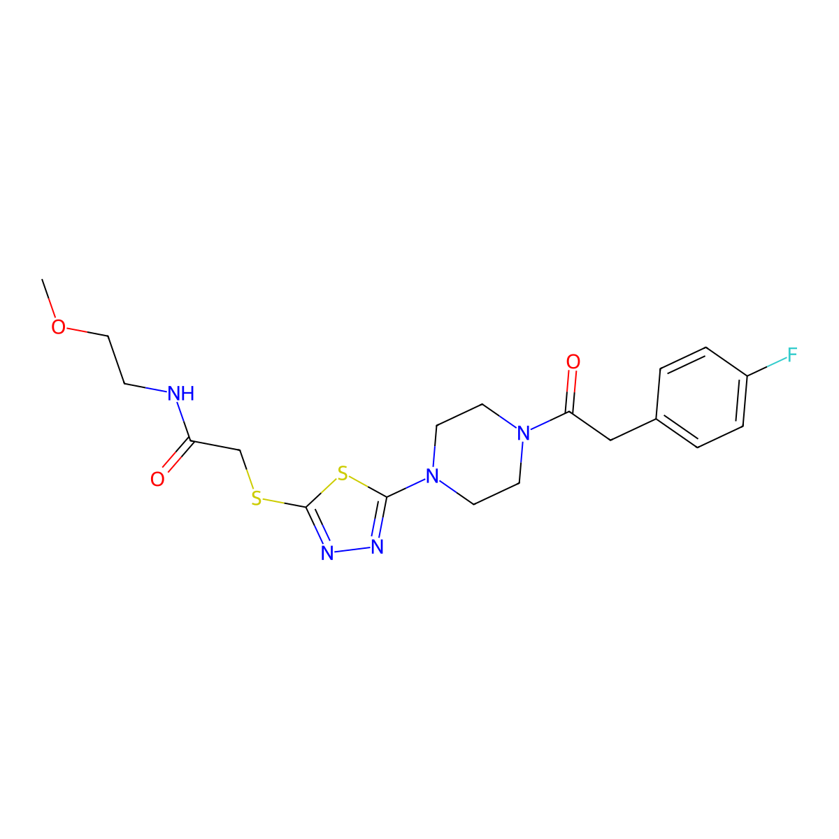 2-((5-(4-(2-(4-fluorophenyl)acetyl)piperazin-1-yl)-1,3,4-thiadiazol-2-yl)thio)-N-(2-methoxyethyl)acetamide molecular structure, CAS 1105227-76-6