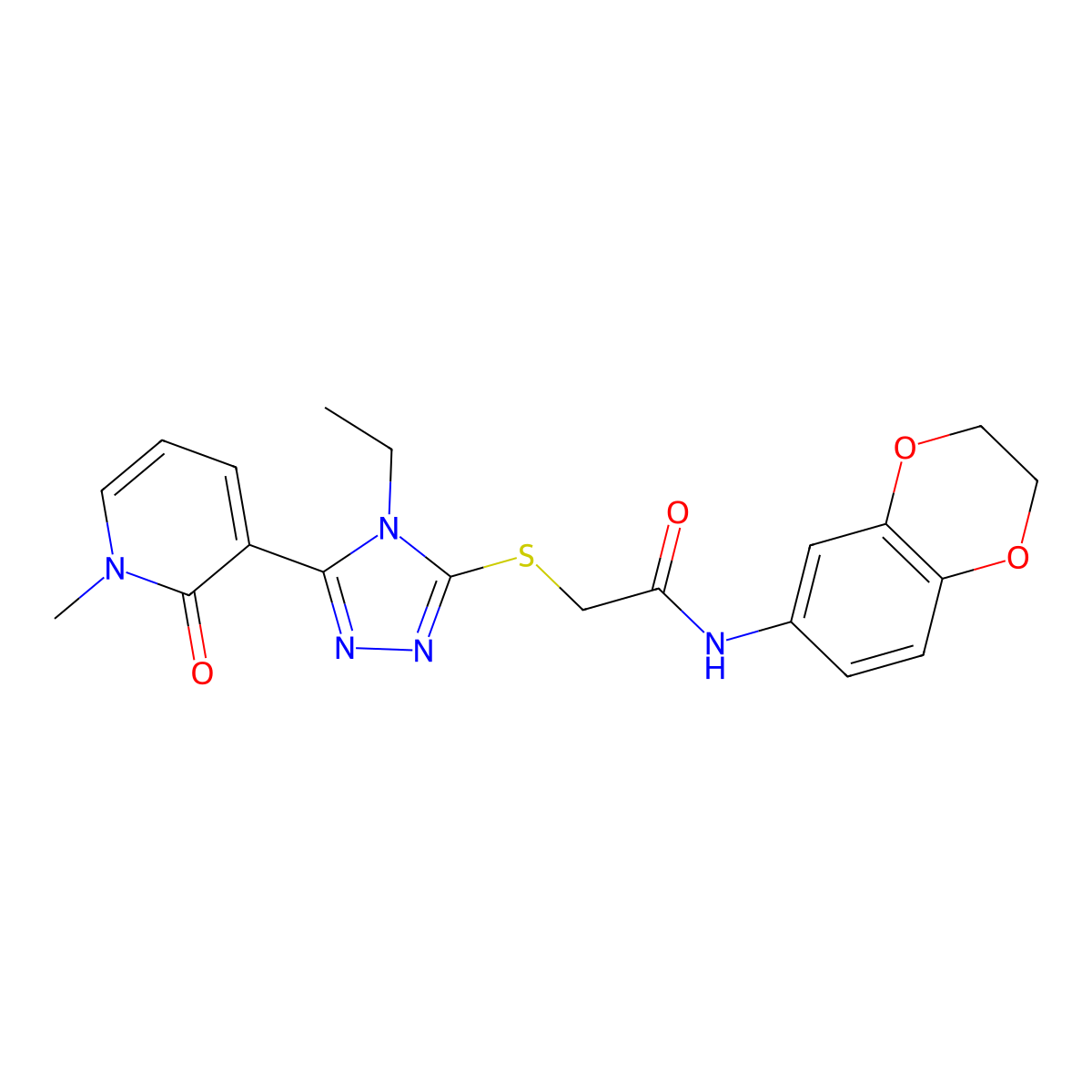 N-(2,3-dihydrobenzo[b][1,4]dioxin-6-yl)-2-((4-ethyl-5-(1-methyl-2-oxo-1,2-dihydropyridin-3-yl)-4H-1,2,4-triazol-3-yl)thio)acetamide molecular structure, CAS 1105227-79-9