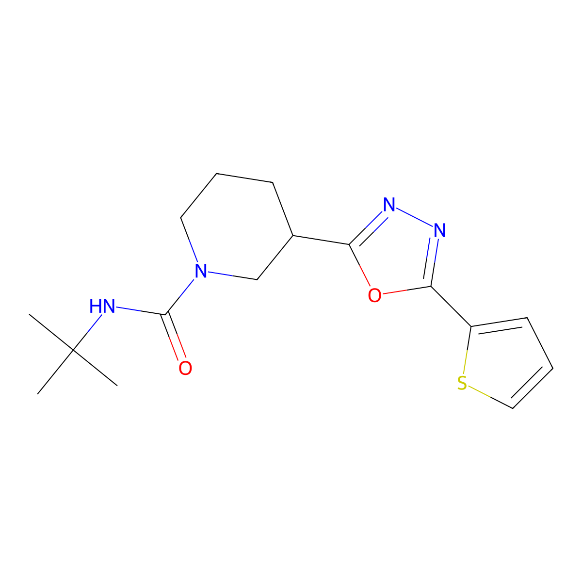 N-(tert-butyl)-3-(5-(thiophen-2-yl)-1,3,4-oxadiazol-2-yl)piperidine-1-carboxamide molecular structure, CAS 1105227-81-3