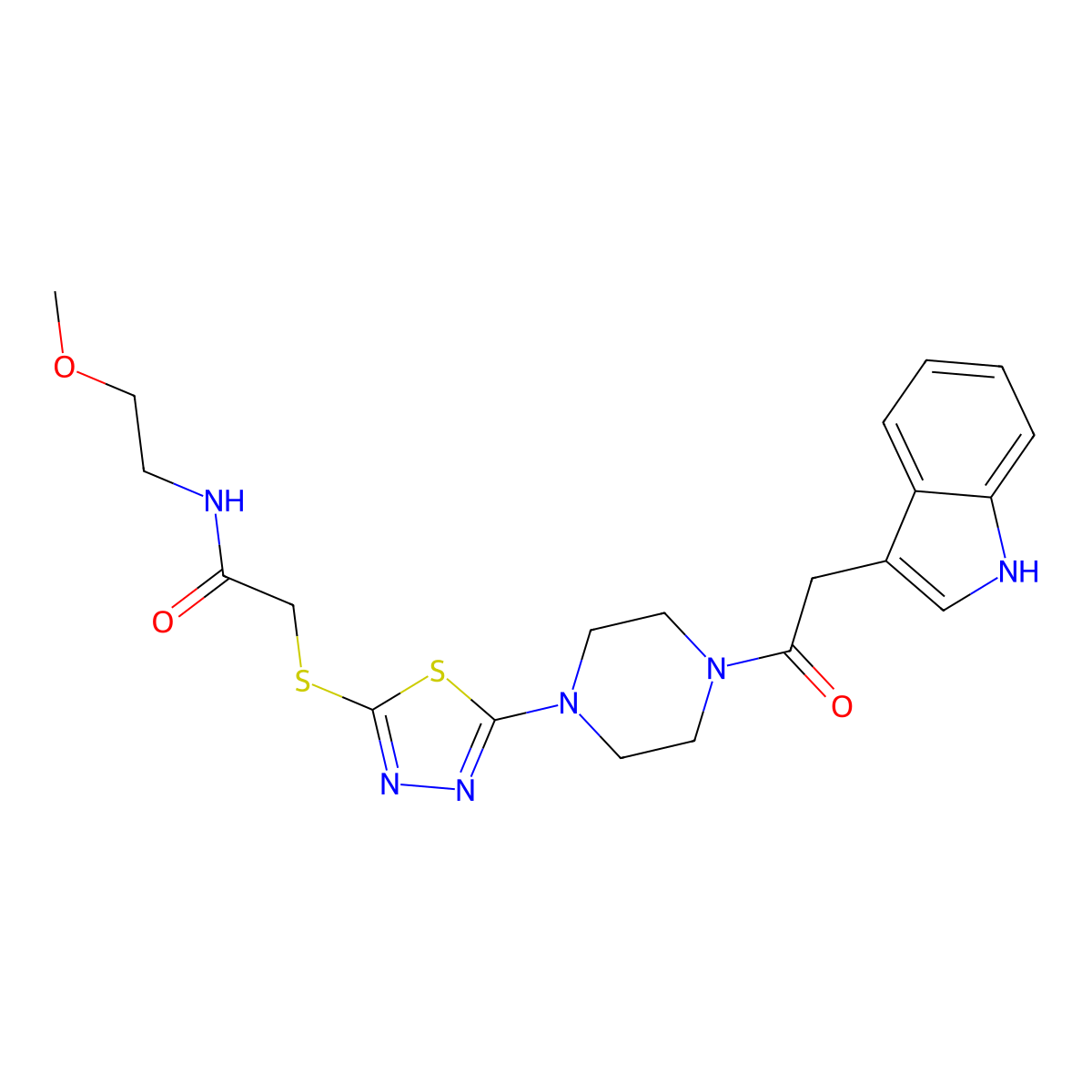 2-((5-(4-(2-(1H-indol-3-yl)acetyl)piperazin-1-yl)-1,3,4-thiadiazol-2-yl)thio)-N-(2-methoxyethyl)acetamide molecular structure, CAS 1105227-84-6