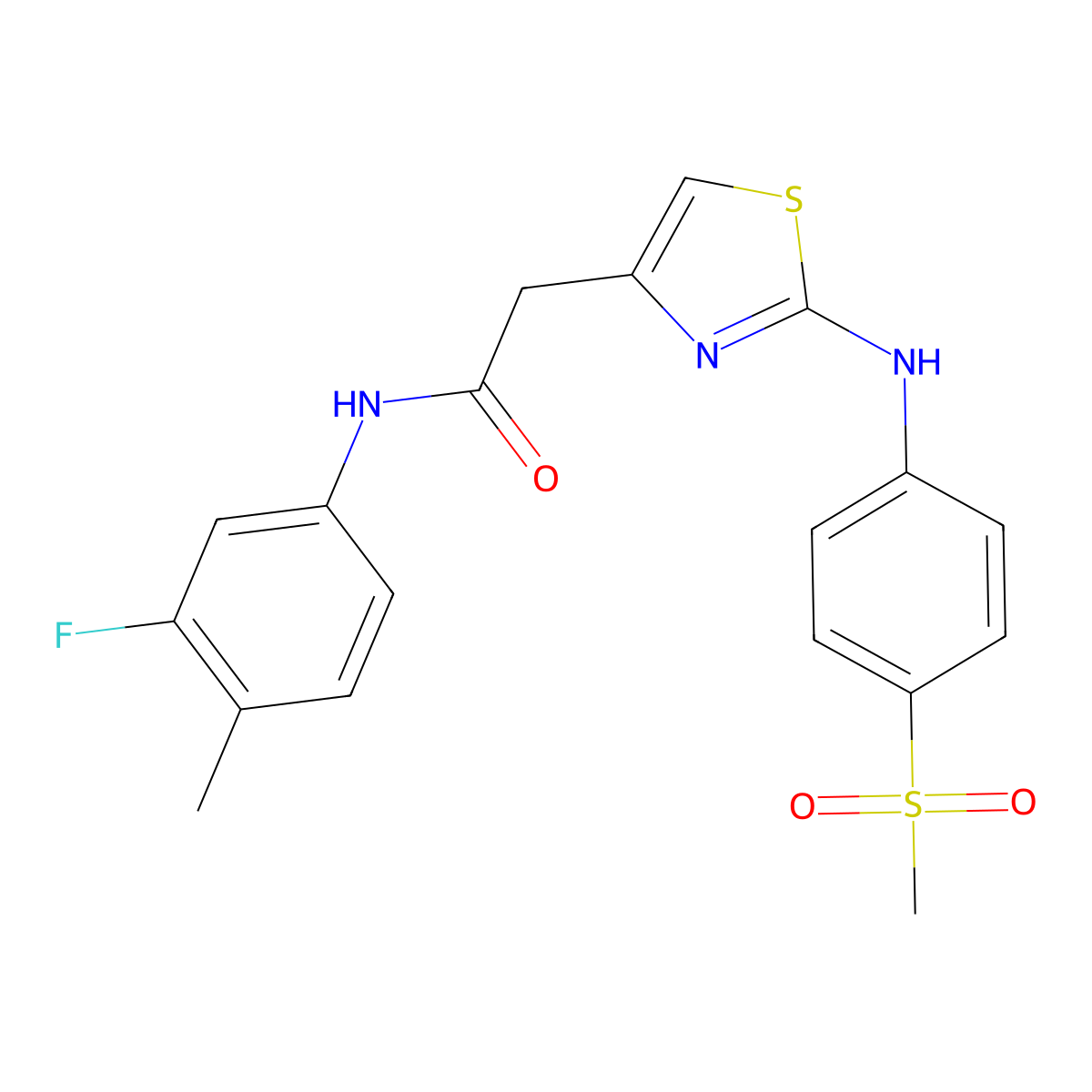 N-(3-fluoro-4-methylphenyl)-2-(2-((4-(methylsulfonyl)phenyl)amino)thiazol-4-yl)acetamide molecular structure, CAS 1105227-85-7