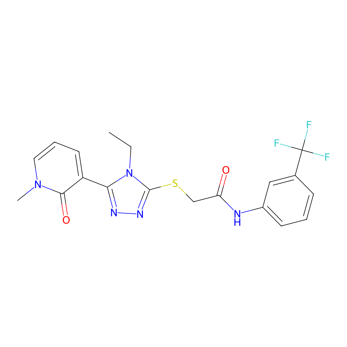 2-((4-ethyl-5-(1-methyl-2-oxo-1,2-dihydropyridin-3-yl)-4H-1,2,4-triazol-3-yl)thio)-N-(3-(trifluoromethyl)phenyl)acetamide molecular structure, CAS 1105227-87-9