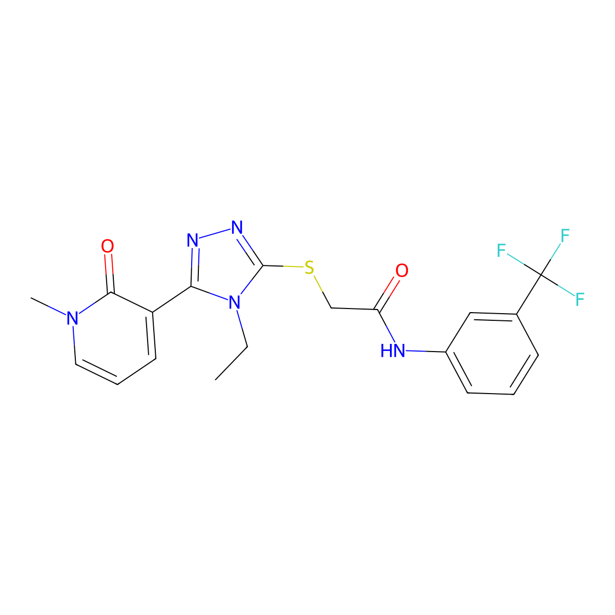 2-((4-ethyl-5-(1-methyl-2-oxo-1,2-dihydropyridin-3-yl)-4H-1,2,4-triazol-3-yl)thio)-N-(3-(trifluoromethyl)phenyl)acetamide molecular structure, CAS 1105227-87-9