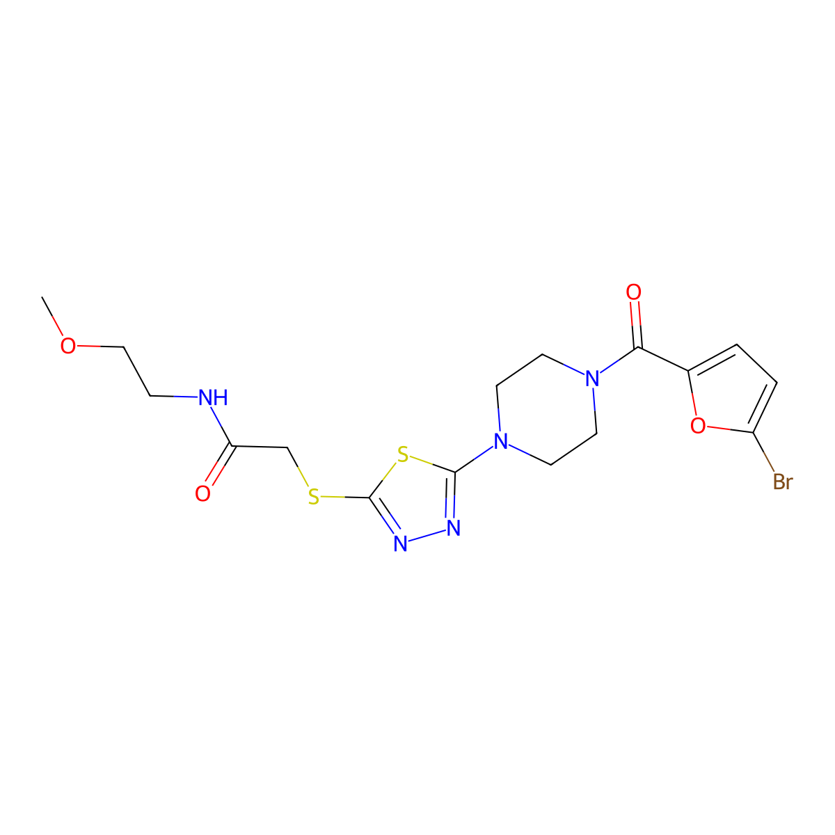 2-((5-(4-(5-bromofuran-2-carbonyl)piperazin-1-yl)-1,3,4-thiadiazol-2-yl)thio)-N-(2-methoxyethyl)acetamide molecular structure, CAS 1105227-92-6