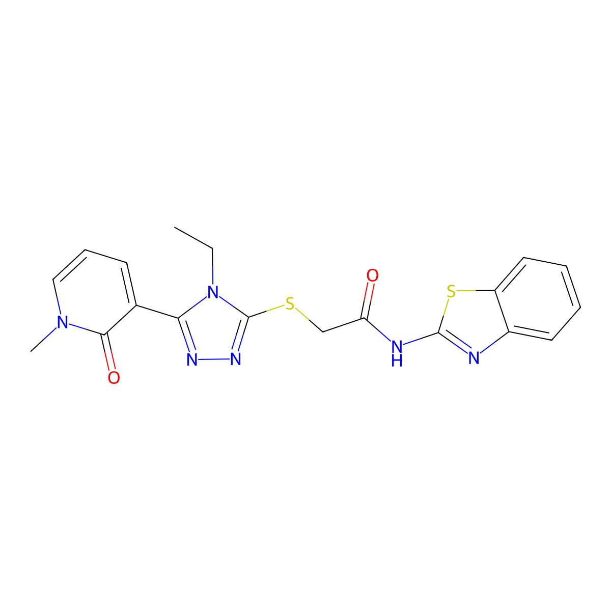 N-(benzo[d]thiazol-2-yl)-2-((4-ethyl-5-(1-methyl-2-oxo-1,2-dihydropyridin-3-yl)-4H-1,2,4-triazol-3-yl)thio)acetamide molecular structure, CAS 1105227-95-9