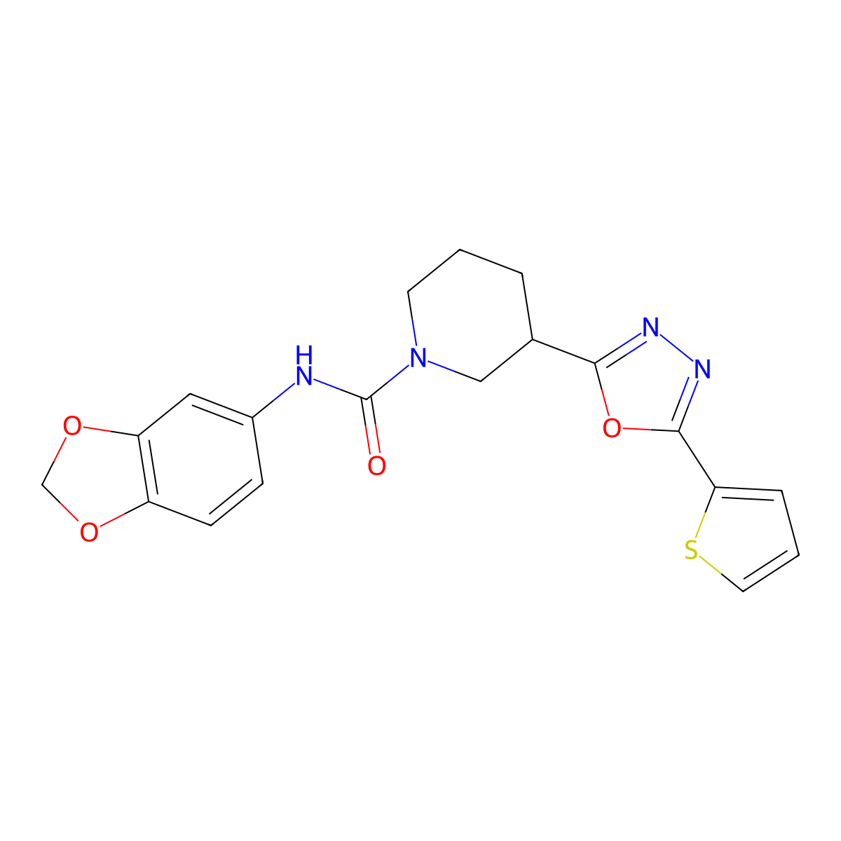 N-(benzo[d][1,3]dioxol-5-yl)-3-(5-(thiophen-2-yl)-1,3,4-oxadiazol-2-yl)piperidine-1-carboxamide molecular structure, CAS 1105227-97-1