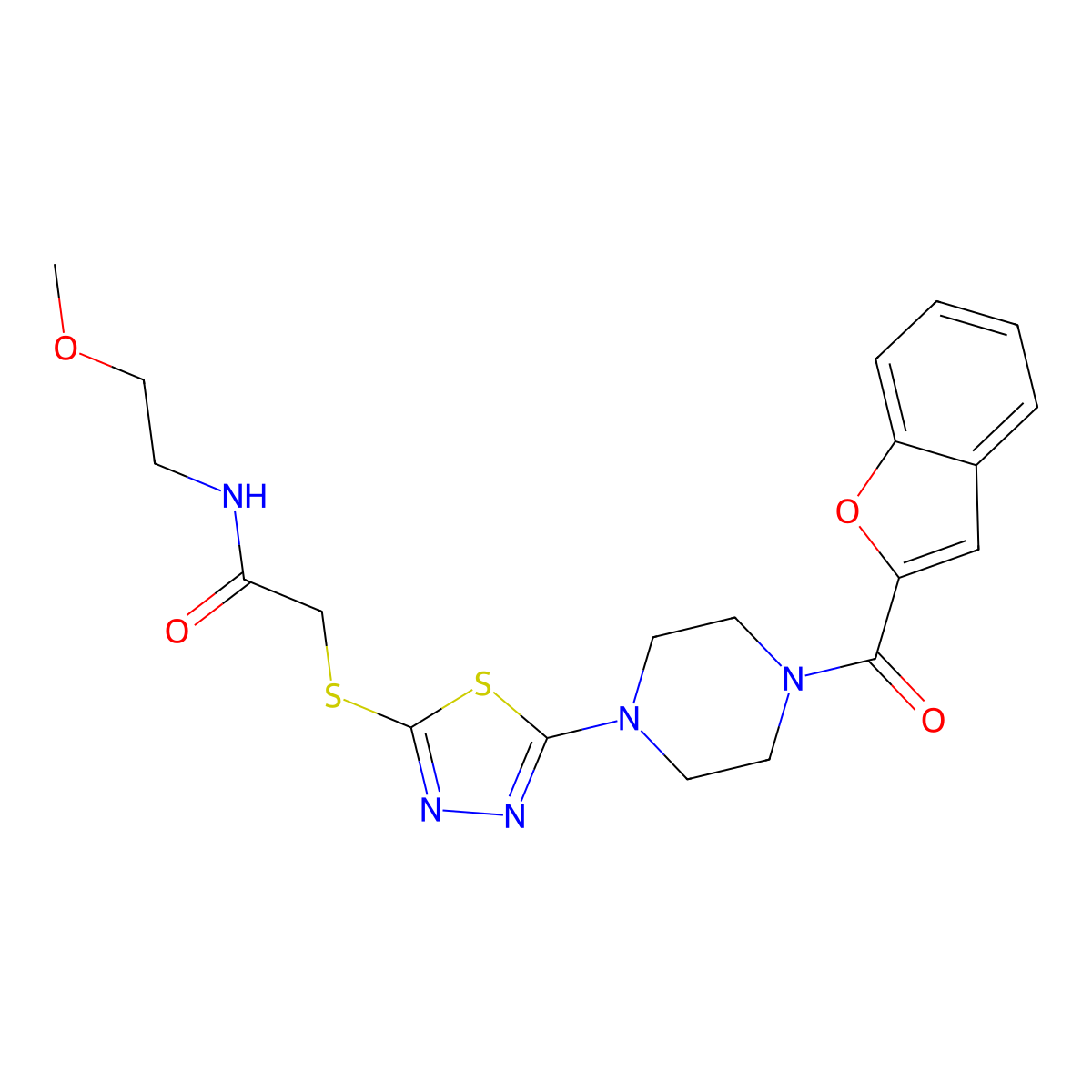 2-((5-(4-(benzofuran-2-carbonyl)piperazin-1-yl)-1,3,4-thiadiazol-2-yl)thio)-N-(2-methoxyethyl)acetamide molecular structure, CAS 1105228-00-9