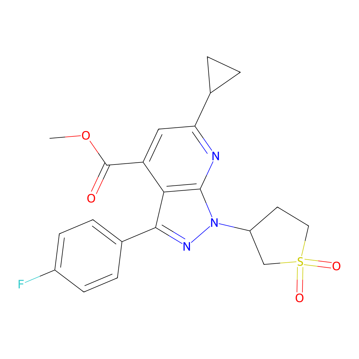 methyl 6-cyclopropyl-1-(1,1-dioxidotetrahydrothiophen-3-yl)-3-(4-fluorophenyl)-1H-pyrazolo[3,4-b]pyridine-4-carboxylate molecular structure, CAS 1105228-01-0