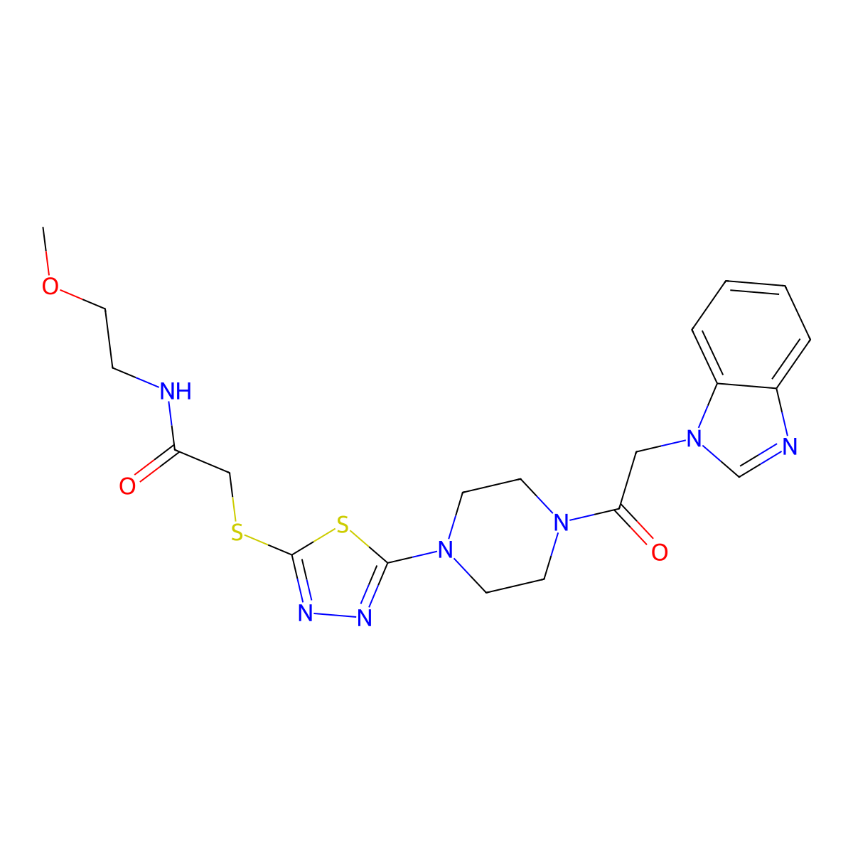 2-((5-(4-(2-(1H-benzo[d]imidazol-1-yl)acetyl)piperazin-1-yl)-1,3,4-thiadiazol-2-yl)thio)-N-(2-methoxyethyl)acetamide molecular structure, CAS 1105228-08-7