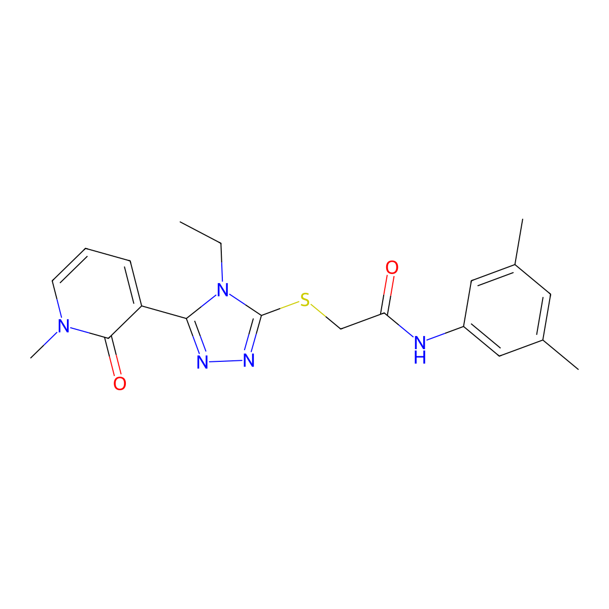 N-(3,5-dimethylphenyl)-2-((4-ethyl-5-(1-methyl-2-oxo-1,2-dihydropyridin-3-yl)-4H-1,2,4-triazol-3-yl)thio)acetamide molecular structure, CAS 1105228-11-2