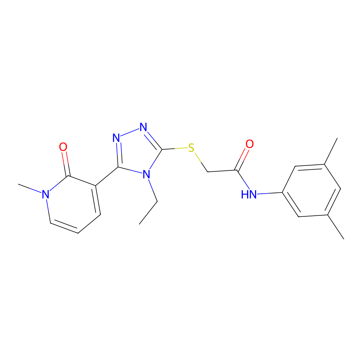 N-(3,5-dimethylphenyl)-2-((4-ethyl-5-(1-methyl-2-oxo-1,2-dihydropyridin-3-yl)-4H-1,2,4-triazol-3-yl)thio)acetamide molecular structure, CAS 1105228-11-2