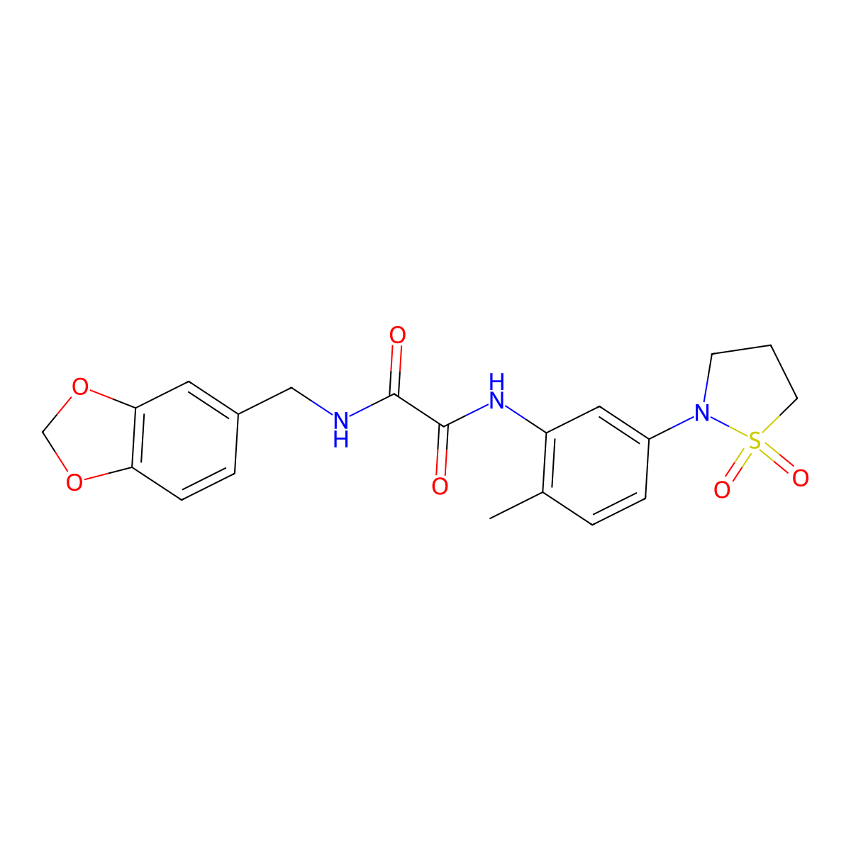 N1-(benzo[d][1,3]dioxol-5-ylmethyl)-N2-(5-(1,1-dioxidoisothiazolidin-2-yl)-2-methylphenyl)oxalamide molecular structure, CAS 1105228-14-5