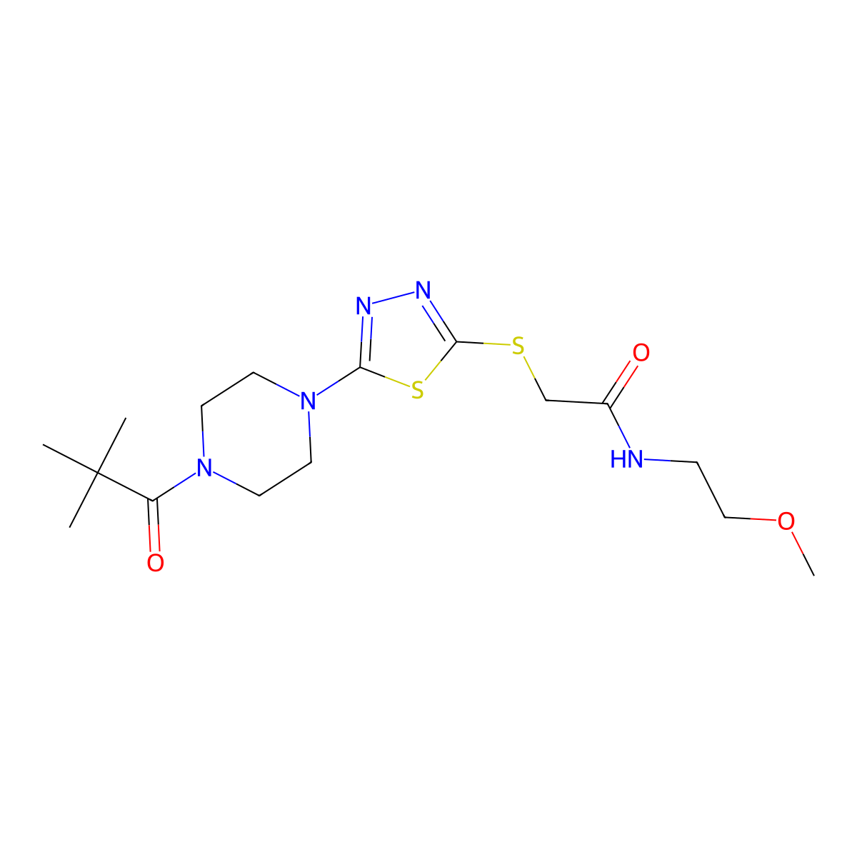 N-(2-methoxyethyl)-2-((5-(4-pivaloylpiperazin-1-yl)-1,3,4-thiadiazol-2-yl)thio)acetamide molecular structure, CAS 1105228-16-7