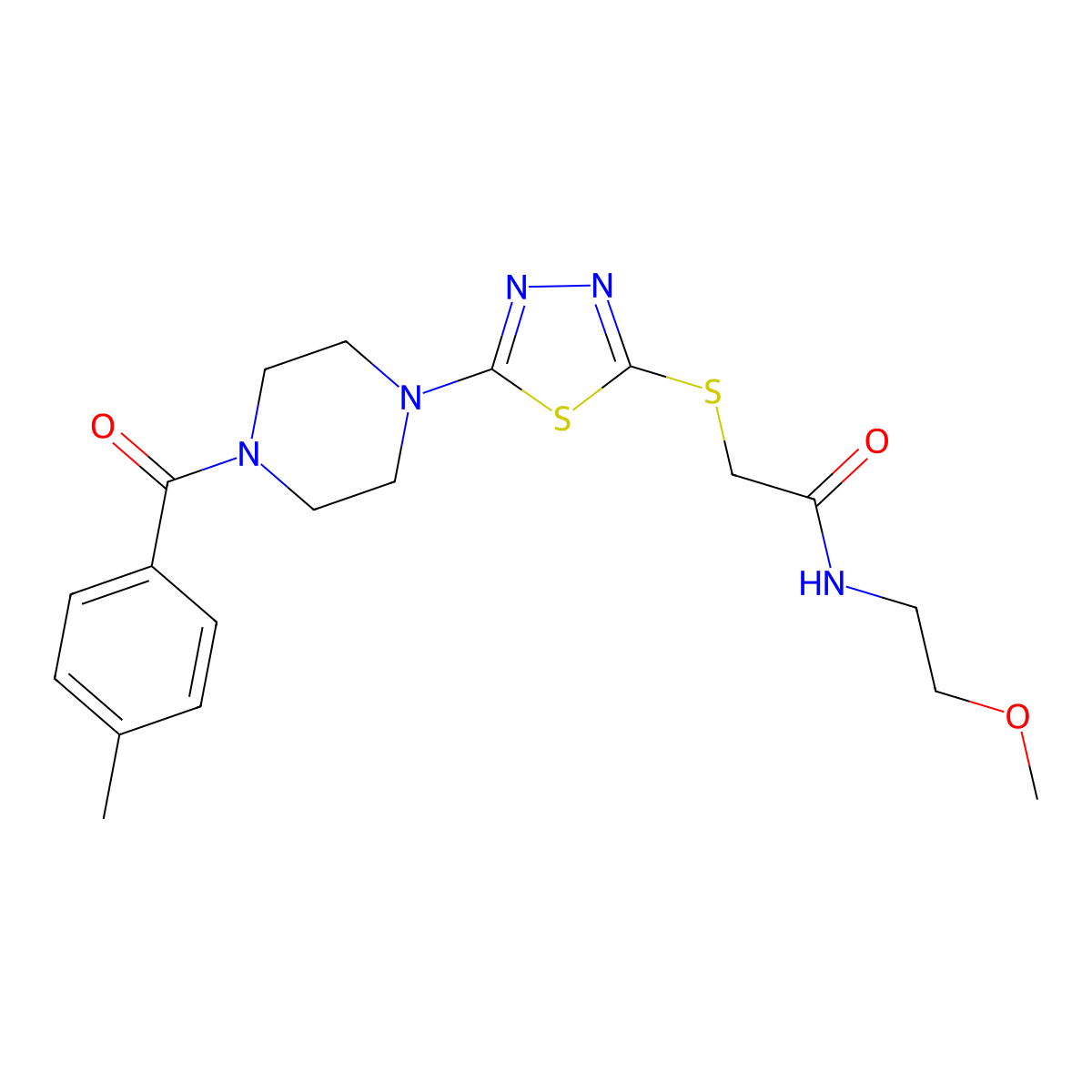 N-(2-methoxyethyl)-2-((5-(4-(4-methylbenzoyl)piperazin-1-yl)-1,3,4-thiadiazol-2-yl)thio)acetamide molecular structure, CAS 1105228-24-7