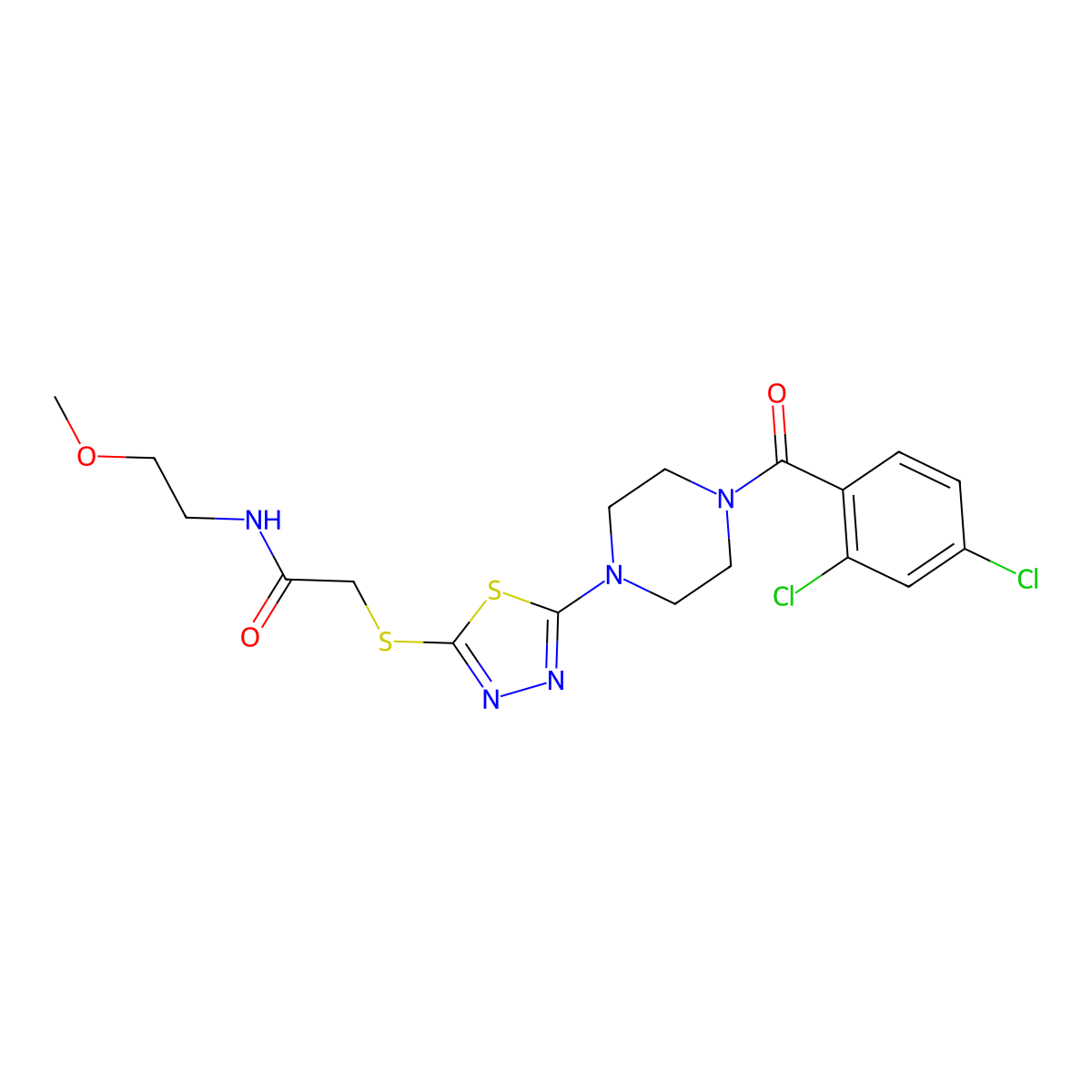 2-((5-(4-(2,4-dichlorobenzoyl)piperazin-1-yl)-1,3,4-thiadiazol-2-yl)thio)-N-(2-methoxyethyl)acetamide molecular structure, CAS 1105228-32-7