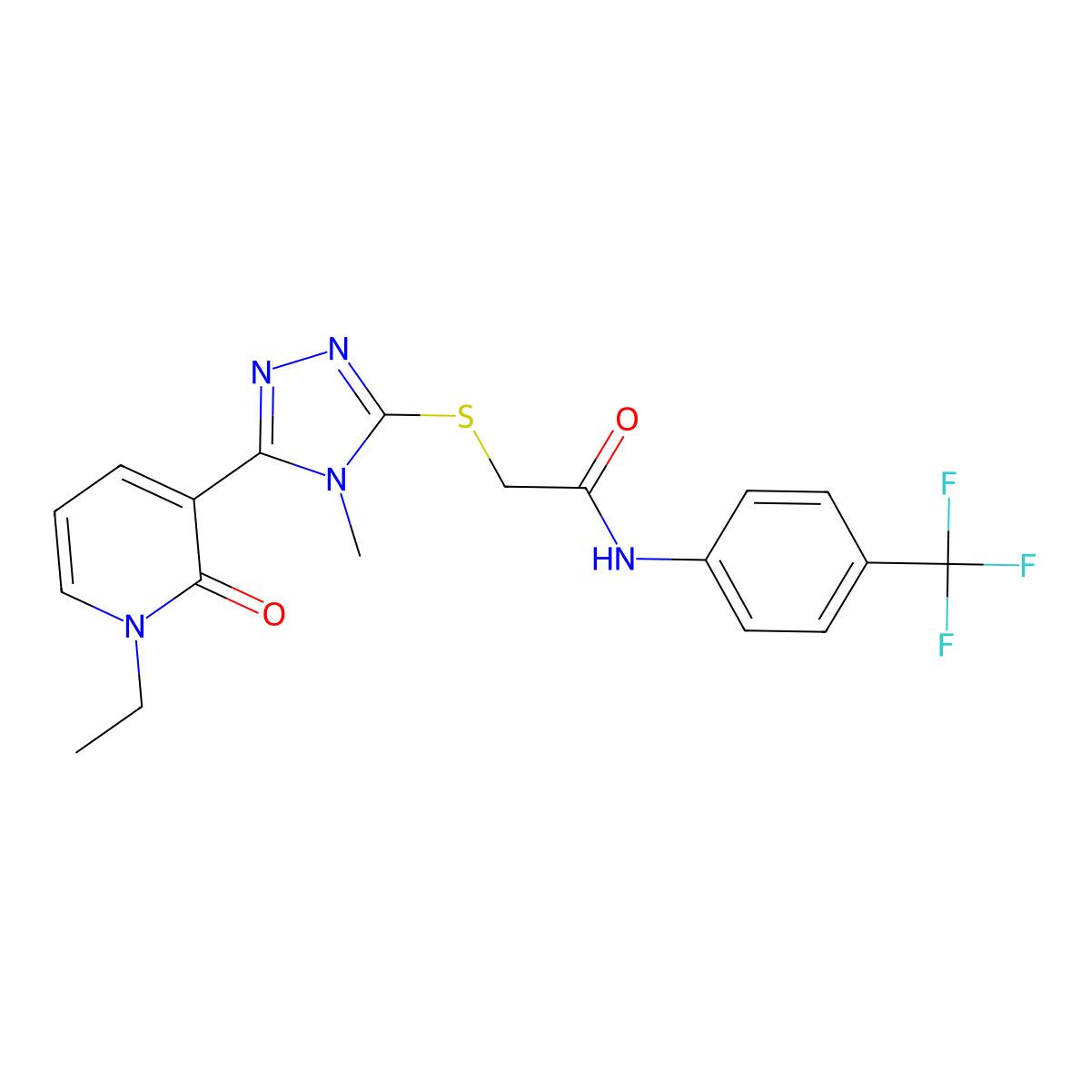 2-((5-(1-ethyl-2-oxo-1,2-dihydropyridin-3-yl)-4-methyl-4H-1,2,4-triazol-3-yl)thio)-N-(4-(trifluoromethyl)phenyl)acetamide molecular structure, CAS 1105228-43-0
