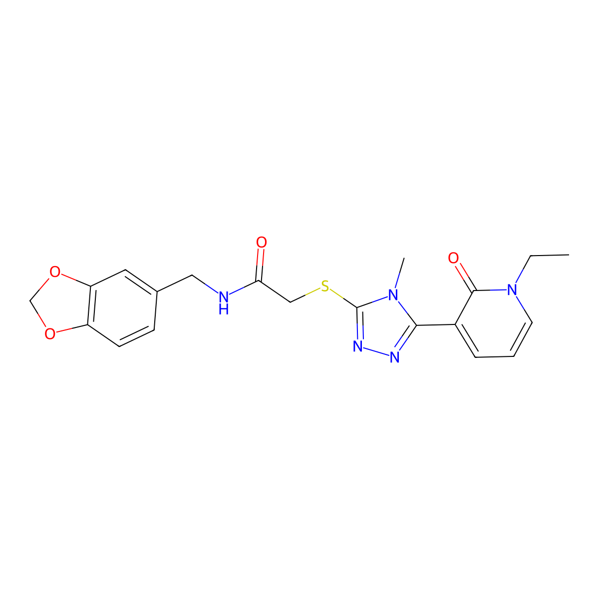 N-(benzo[d][1,3]dioxol-5-ylmethyl)-2-((5-(1-ethyl-2-oxo-1,2-dihydropyridin-3-yl)-4-methyl-4H-1,2,4-triazol-3-yl)thio)acetamide molecular structure, CAS 1105228-51-0