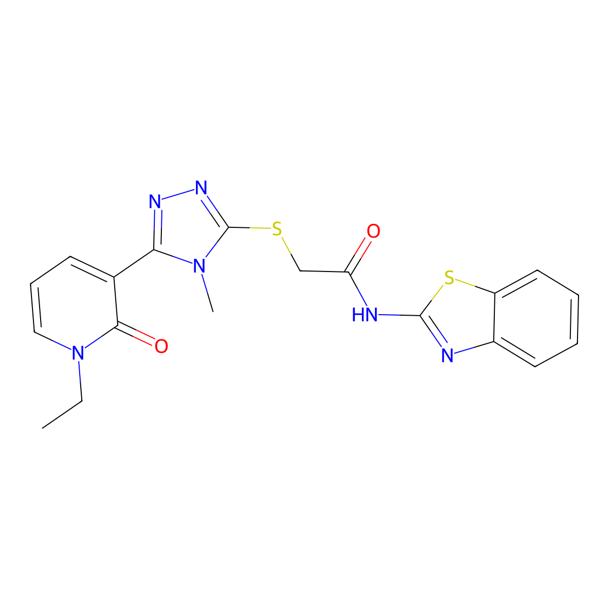 N-(benzo[d]thiazol-2-yl)-2-((5-(1-ethyl-2-oxo-1,2-dihydropyridin-3-yl)-4-methyl-4H-1,2,4-triazol-3-yl)thio)acetamide molecular structure, CAS 1105228-59-8