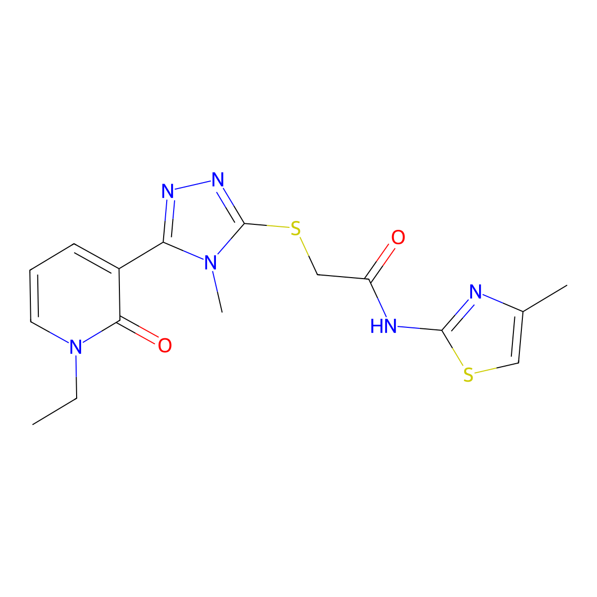 2-((5-(1-ethyl-2-oxo-1,2-dihydropyridin-3-yl)-4-methyl-4H-1,2,4-triazol-3-yl)thio)-N-(4-methylthiazol-2-yl)acetamide molecular structure, CAS 1105228-67-8