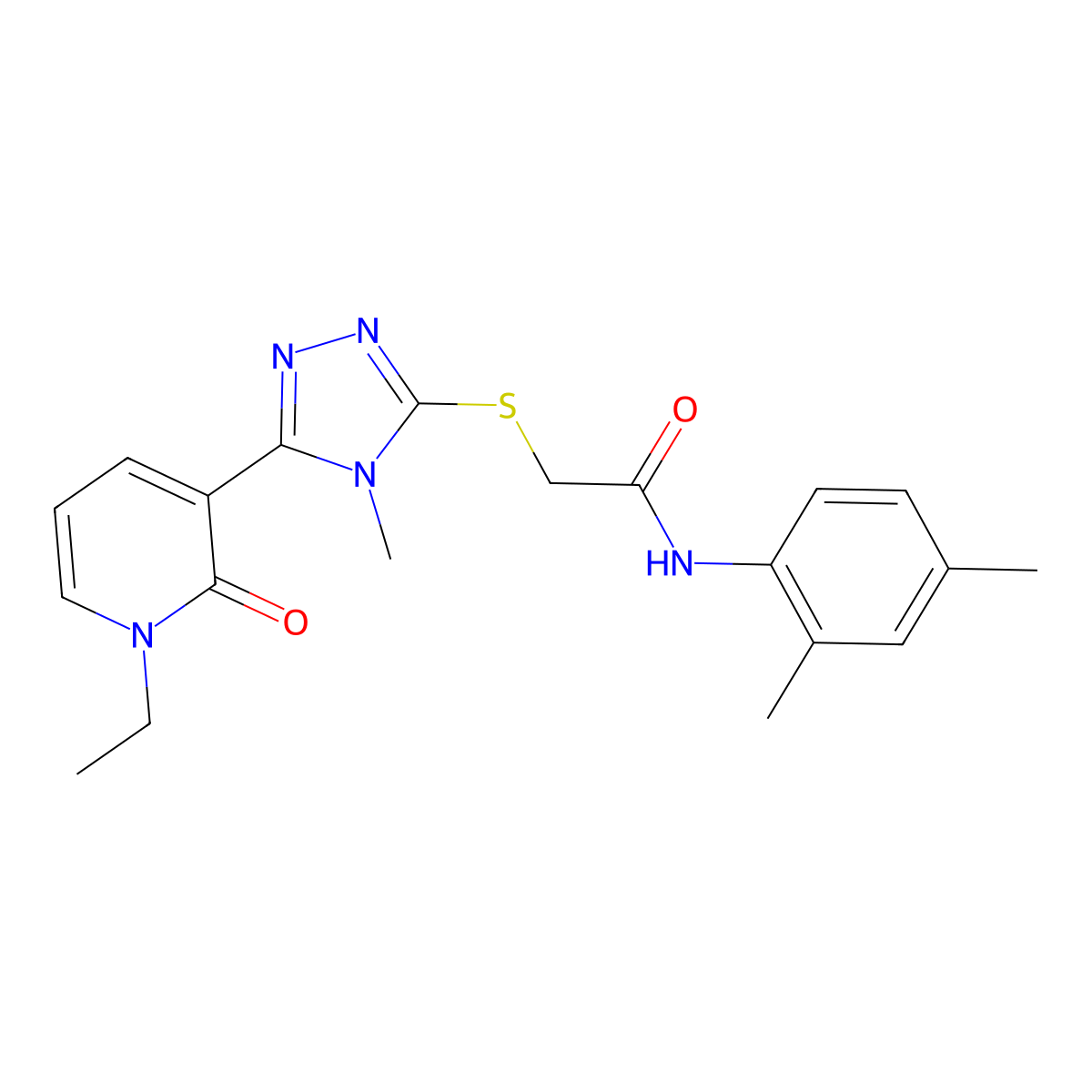 N-(2,4-dimethylphenyl)-2-((5-(1-ethyl-2-oxo-1,2-dihydropyridin-3-yl)-4-methyl-4H-1,2,4-triazol-3-yl)thio)acetamide molecular structure, CAS 1105228-83-8